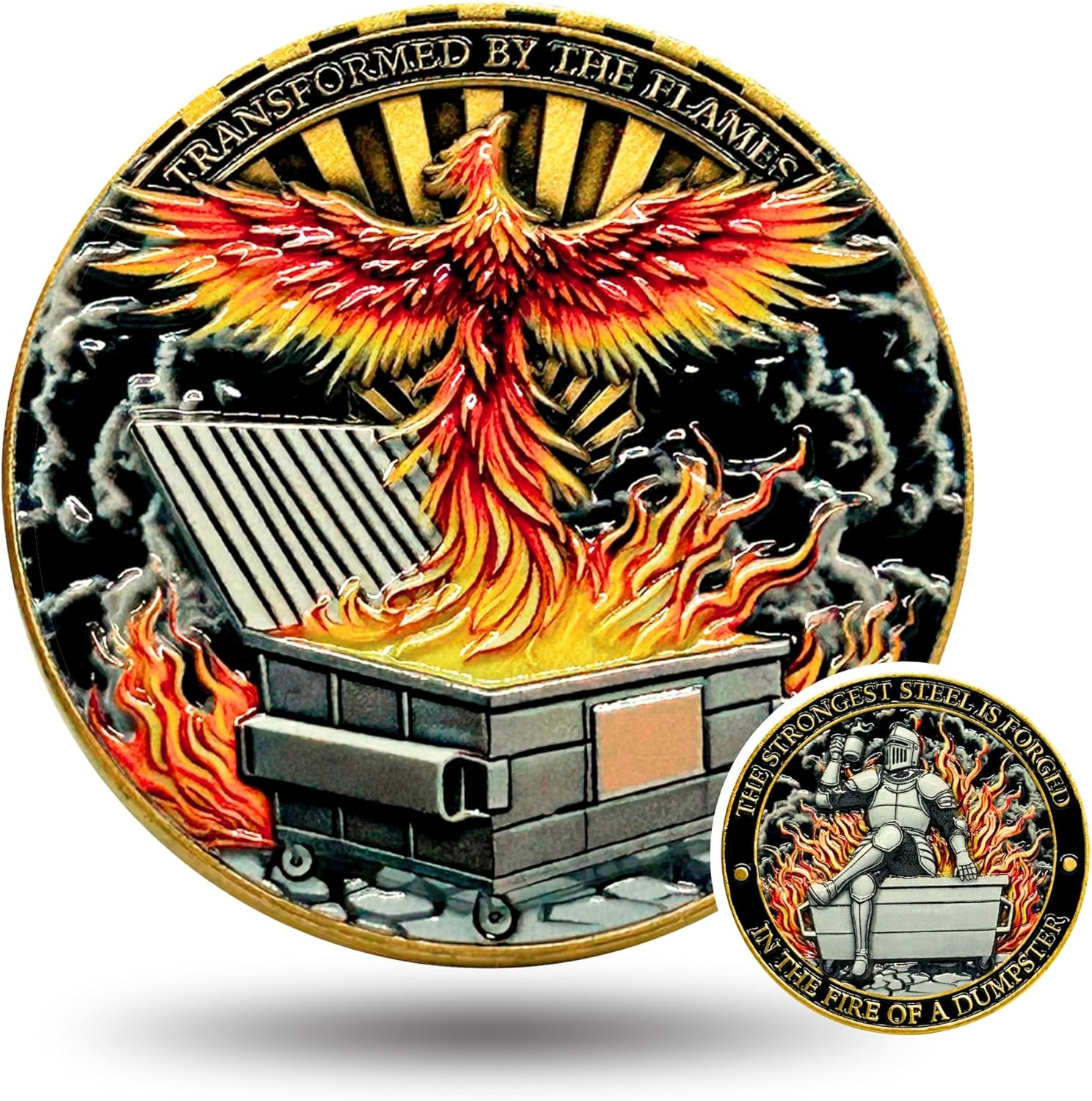 Dumpster Fire Challenge Coin - Phoenix & Knight Design - Transformed by The Flames & Strongest Steel Forged in Fire - Funny Accessories - Inspirational Gifts for Men, Women, Coworkers (5 Pcs)