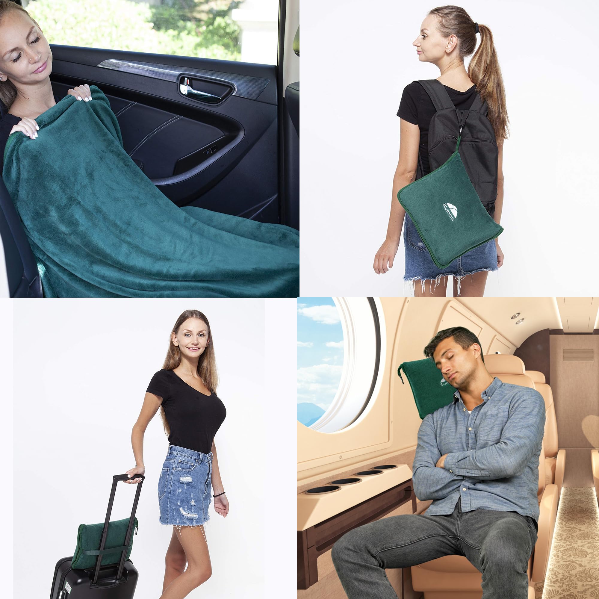 BlueHills Premium Soft Travel Blanket Pillow Airplane Blanket Packed in Soft Bag Pillowcase with Hand Luggage Belt and Backpack Clip, Compact Pack Large 2 in 1 Combo for Any Travel (Pink T004): Travel Green-1pk-t010