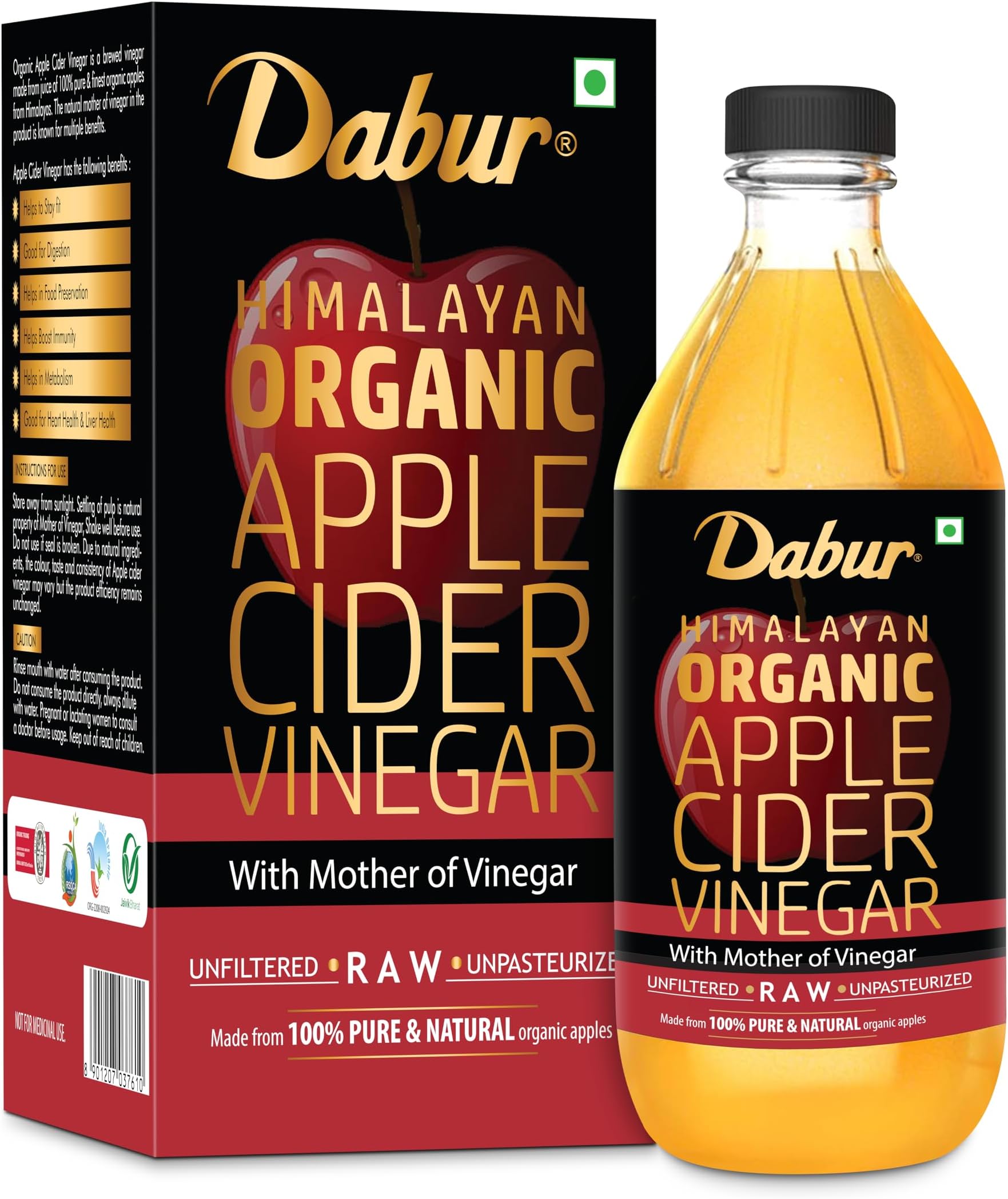 Dabur Himalayan Organic Apple Cider Vinegar with Mother of Vinegar |100% Pure| USDA Organic Certified |Raw, Unfiltered and Unpasteurized|Helps Weight loss & Boost Immunity - 500 ml