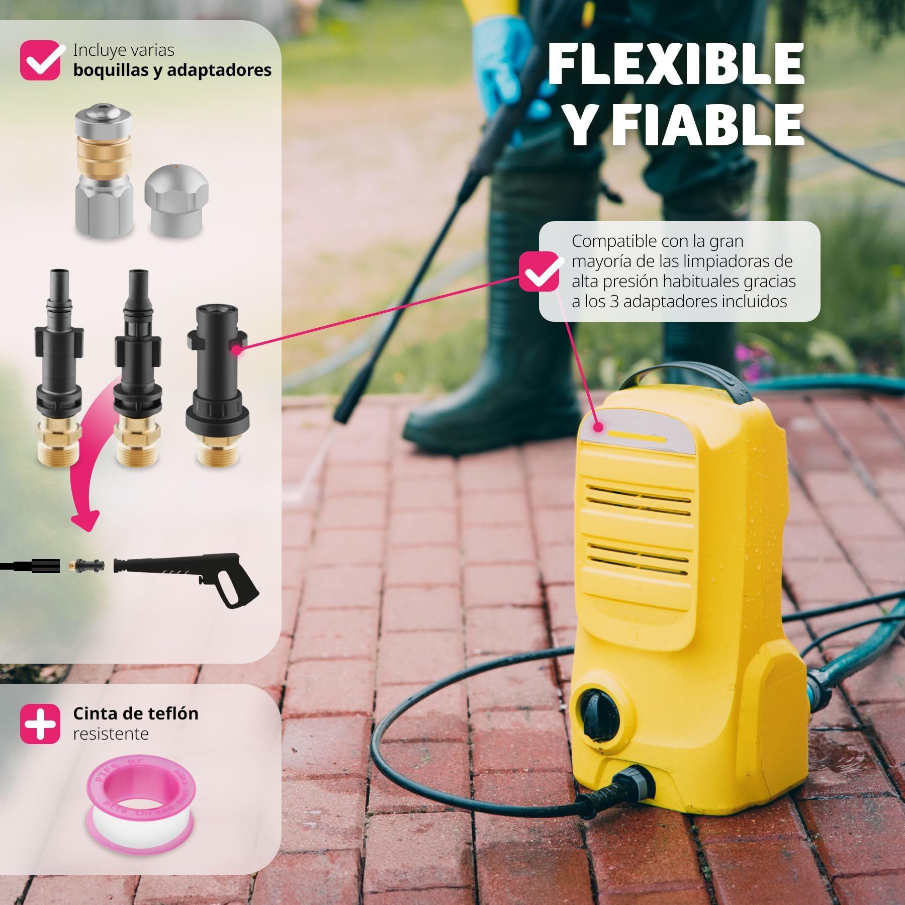tectake® Juego Manguera Limpieza Tuberías 8 Piezas, Boquilla Giratoria, Adaptadores Hidrolimpiadora, Limpia Canalones, Manguera Presión, Desatascador Tuberias, Manguera Flexible - 30 metros