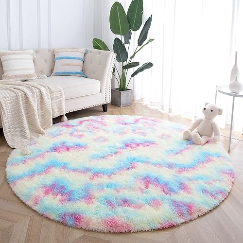 Miniatura 2 de junovo Alfombras redondas suaves de arco iris para habitación de niñas, alfombras circulares coloridas y esponjosas para dormitorio de niños, bonita