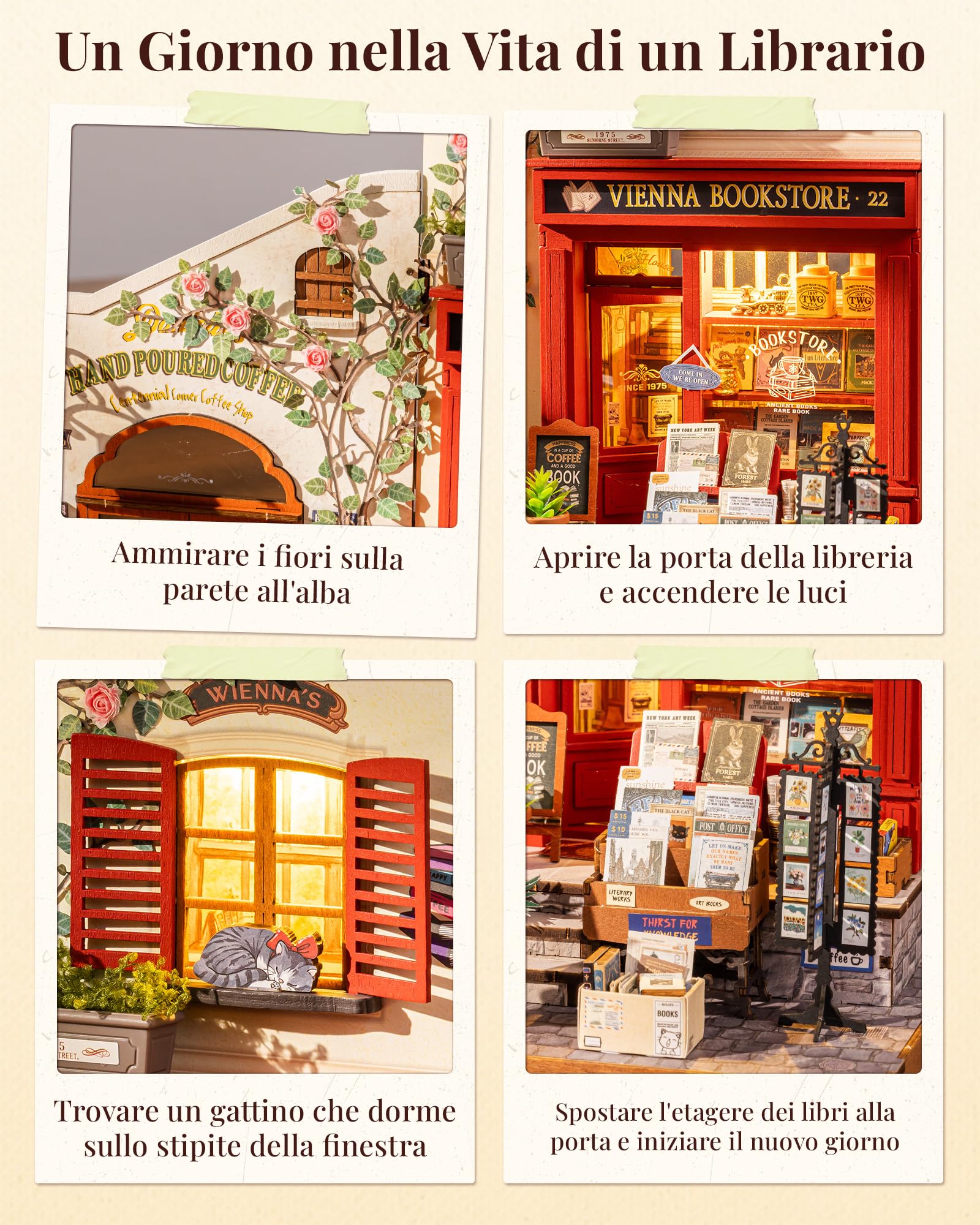 Rolife Miniature Casa Libreria Vienna, 290 pezzi Kit Casa in Miniatura DIY, Modellismo da Costruire Adulti Casa delle Bambole in Legno Puzzle 3D Nessun collante necessario