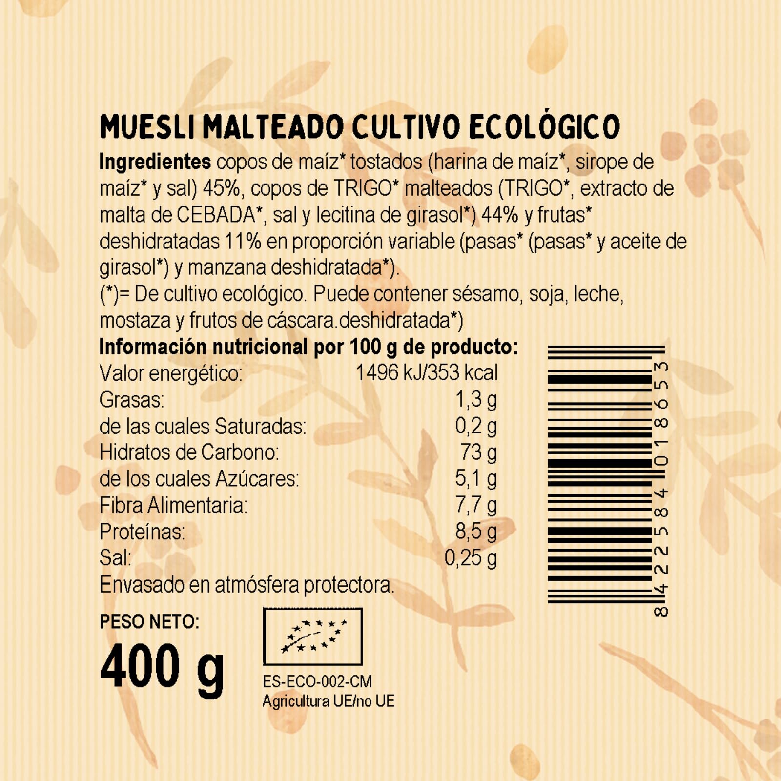 El Granero Integral - Muesli Malteado BIO -400 g - Fuente de Fibra y Nutrientes Esenciales - Bajo Índice Glucémico - Ideal para el Desayuno - Apto para Veganos