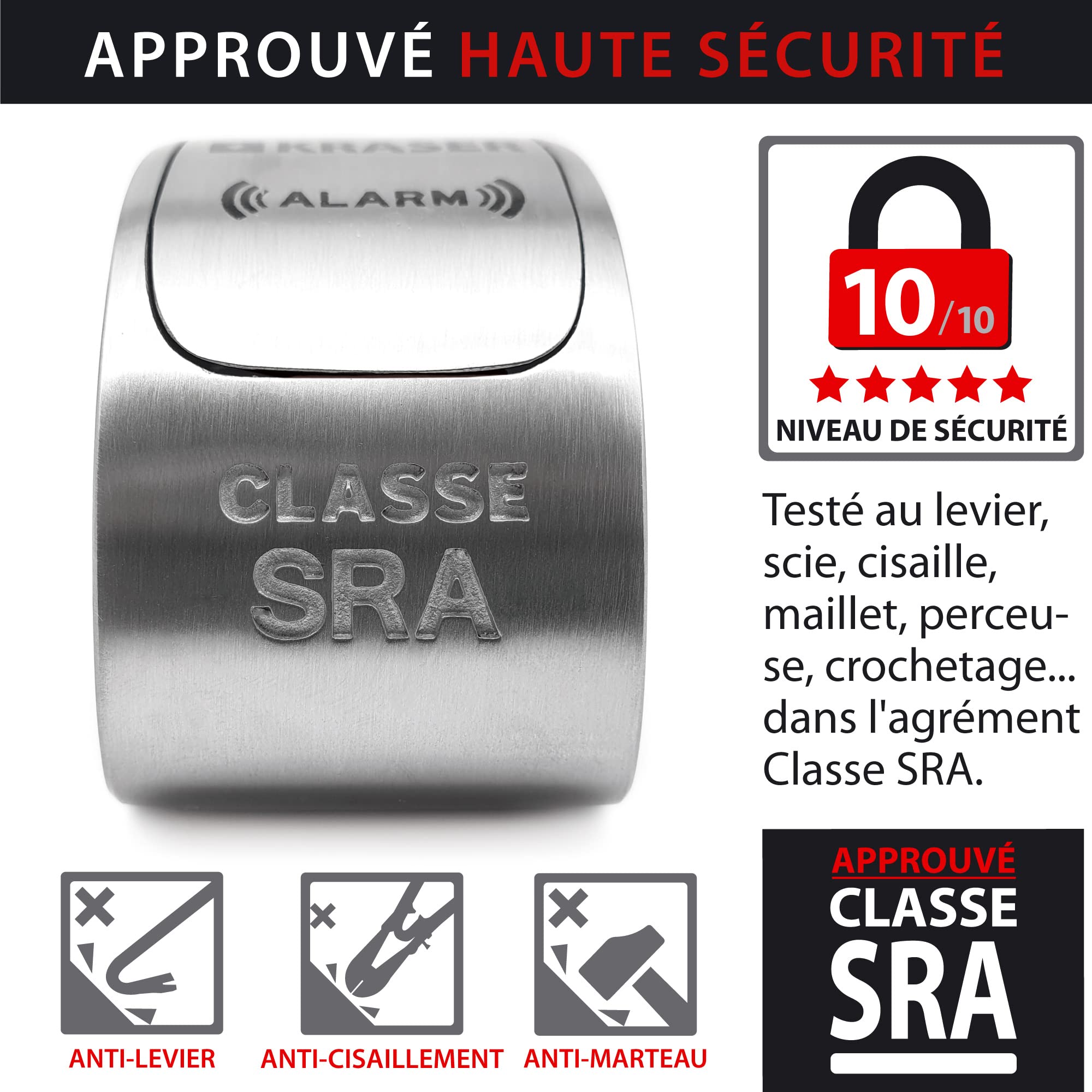 KRASER KR14S Antivol Moto Homologué SRA, Bloque Disque avec Alarme Optionnelle 120dB On/Off, Serrure Haute Sécurité Anti-Crochetage, Robust Bloc Acier inoxydable, Double Verrouillage Anti-Scie ø14mm