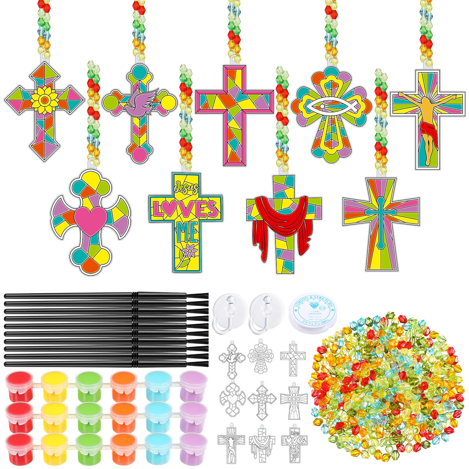 Pasimy 36 Sets Cross Crafts Kit Religious Suncatchers Christian Jesus DIY Paint Your Own Window Hanging Ornaments Summer Sunday School Activities Arts