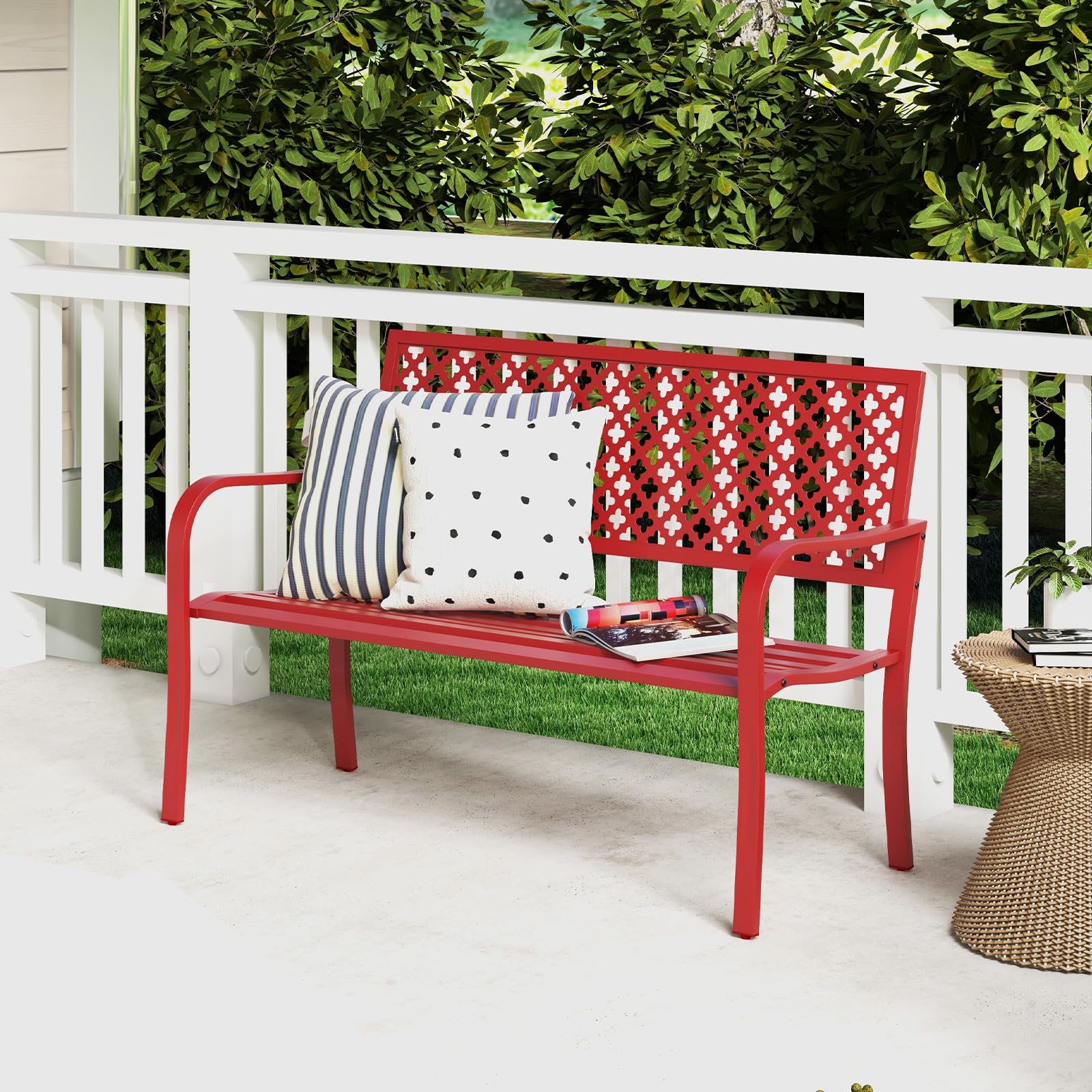 COSTWAY Panchina da Esterno, Panca da Giardin in Metallo con Schienale Traforato, Sedile a Doghe e Braccioli, Panchina Moderna per Cortile, Terrazzo e Giardino, Portata 300 kg (Rosso)