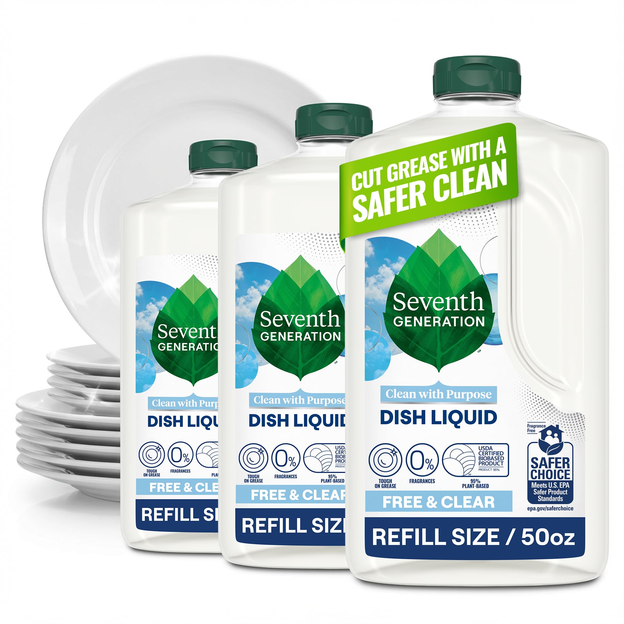 Seventh Generation Dish Liquid Soap Refill Free & Clear Dish Soap for sensitive skin 50 oz, Pack of 3