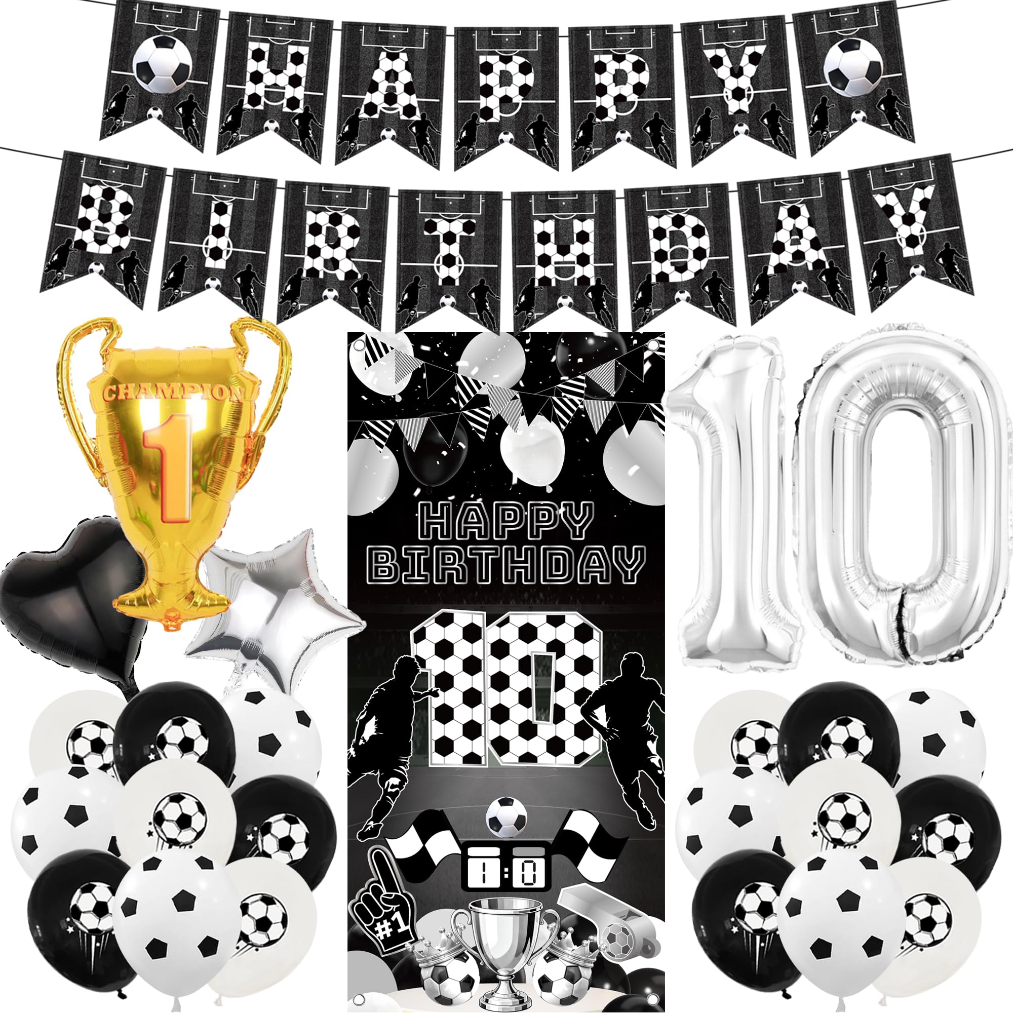 Football 10th Birthday Decorations Banner - 26 Pcs Pre-Strung Black Silver Birthday Banner Number Trophy Balloons Sports Backdrop Door Decor For Kids Boys 10 Year Old Double Digits Party Supplies