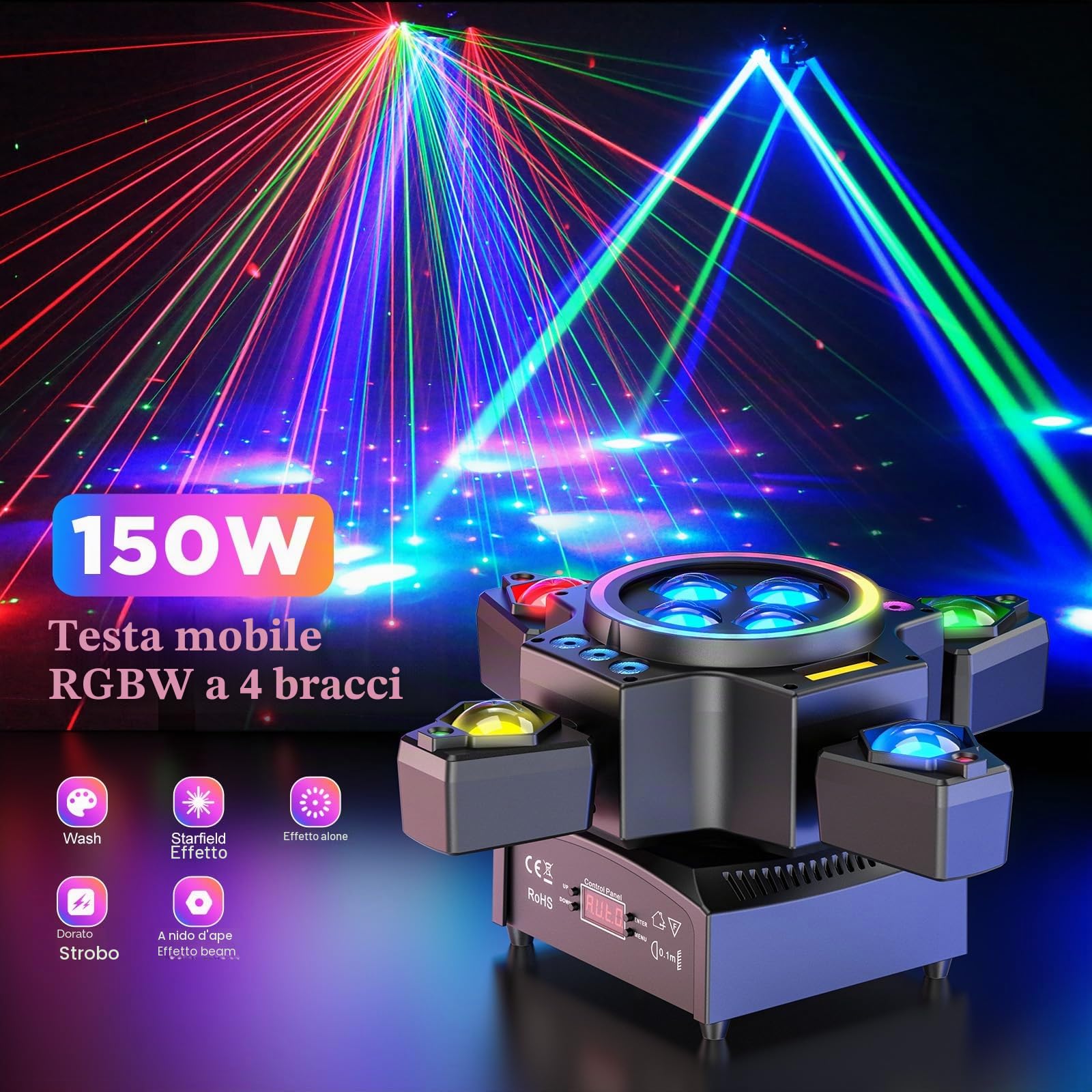 150W Teste Mobili Luci Palcoscenico, Faretto LED RGBW Spot Beam con Telecomando DMX512 Luce Stroboscopica Dorata per Festa Discoteca DJ Bar Matrimoni