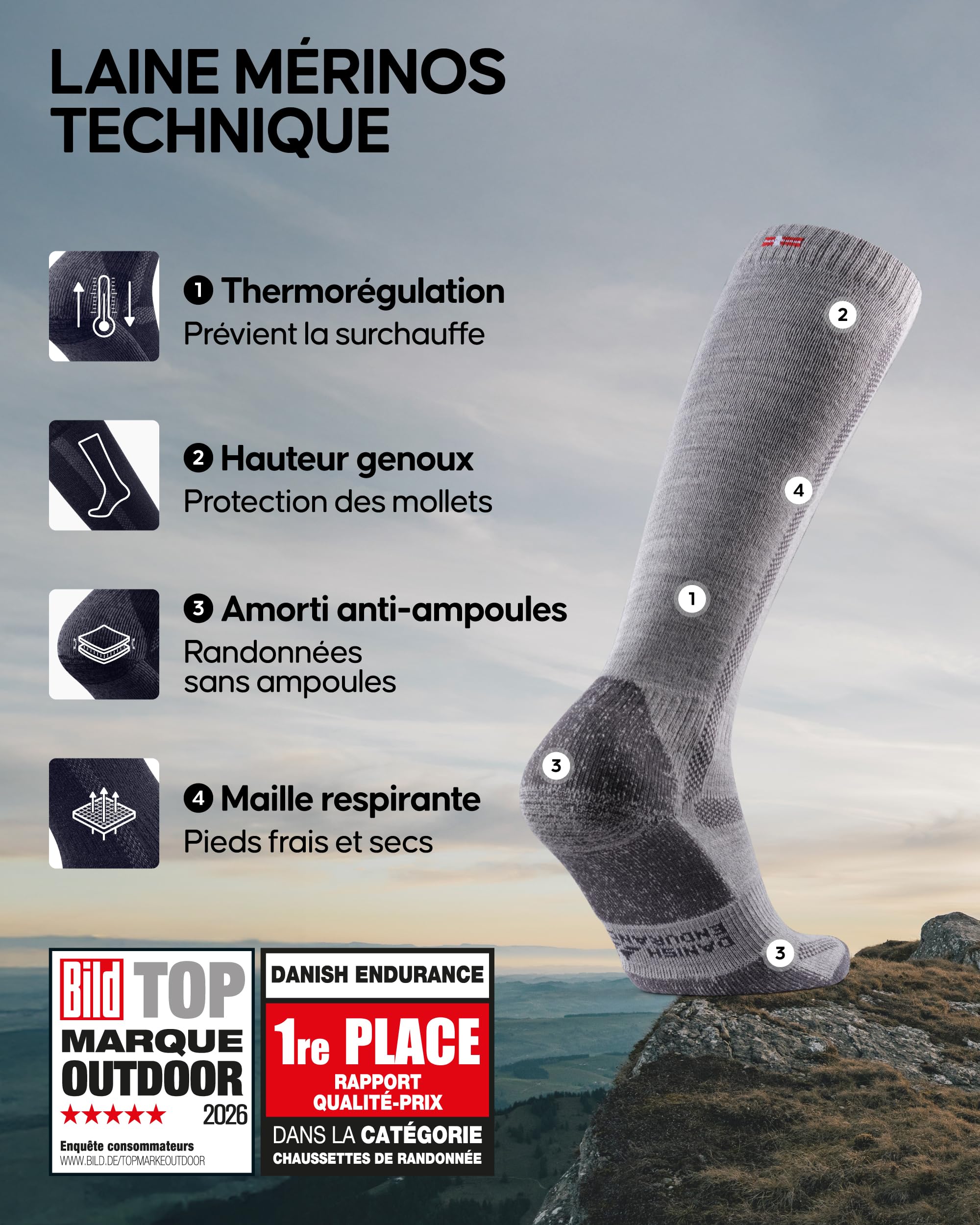 DANISH ENDURANCE Chaussettes de Randonnée en Laine Mérinos montant, Chaussettes Thermiques Longues avec Rembourrage Épais pour Hommes et Femmes, Unisexes, Lot de 1 ou 3