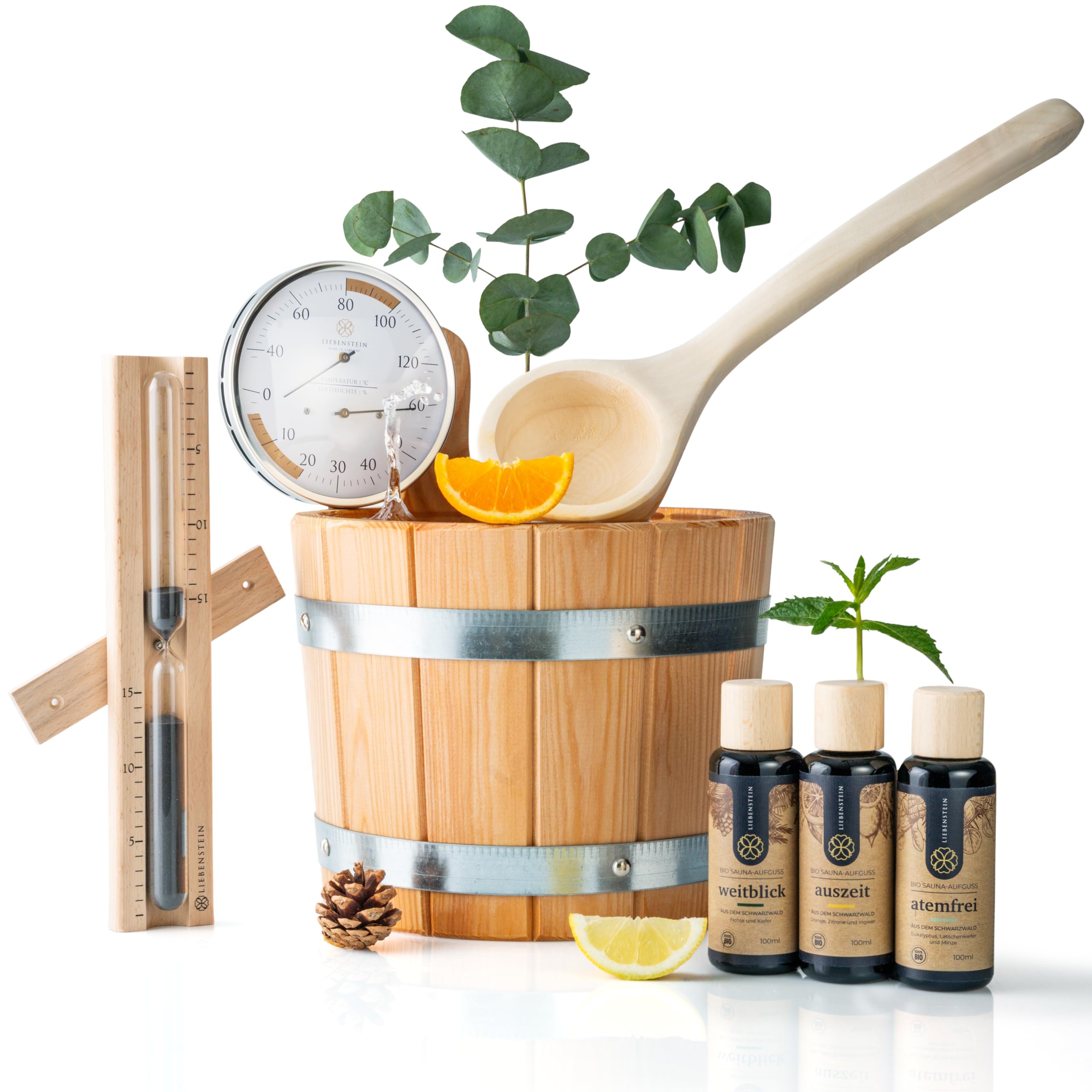 Liebenstein® Sauna Set - 4 teiliges "Komplettset" – Enthält Sauna Eimer mit Kelle [5L], Saunaaufguss Set (3 Düfte), Sauna Sanduhr und Sauna Hygrometer/Thermometer - Dein hochwertiges Sauna Zubehör Set