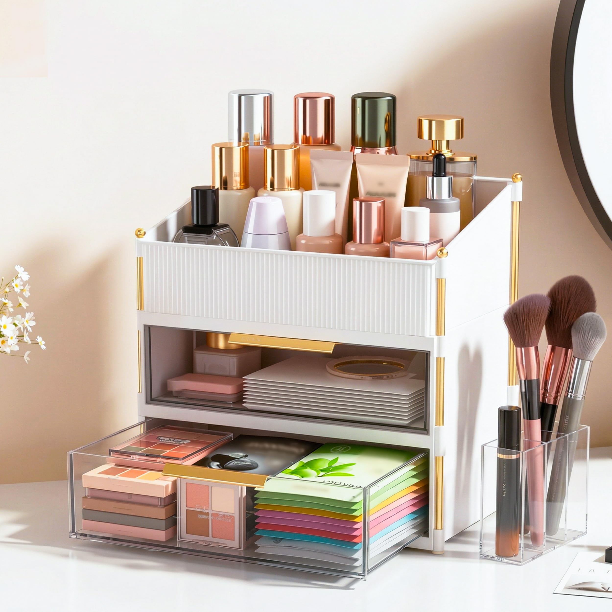 Asdbko Large Capacity Makeup Organizer Countertop with Brush Holder, Vanity Skin...