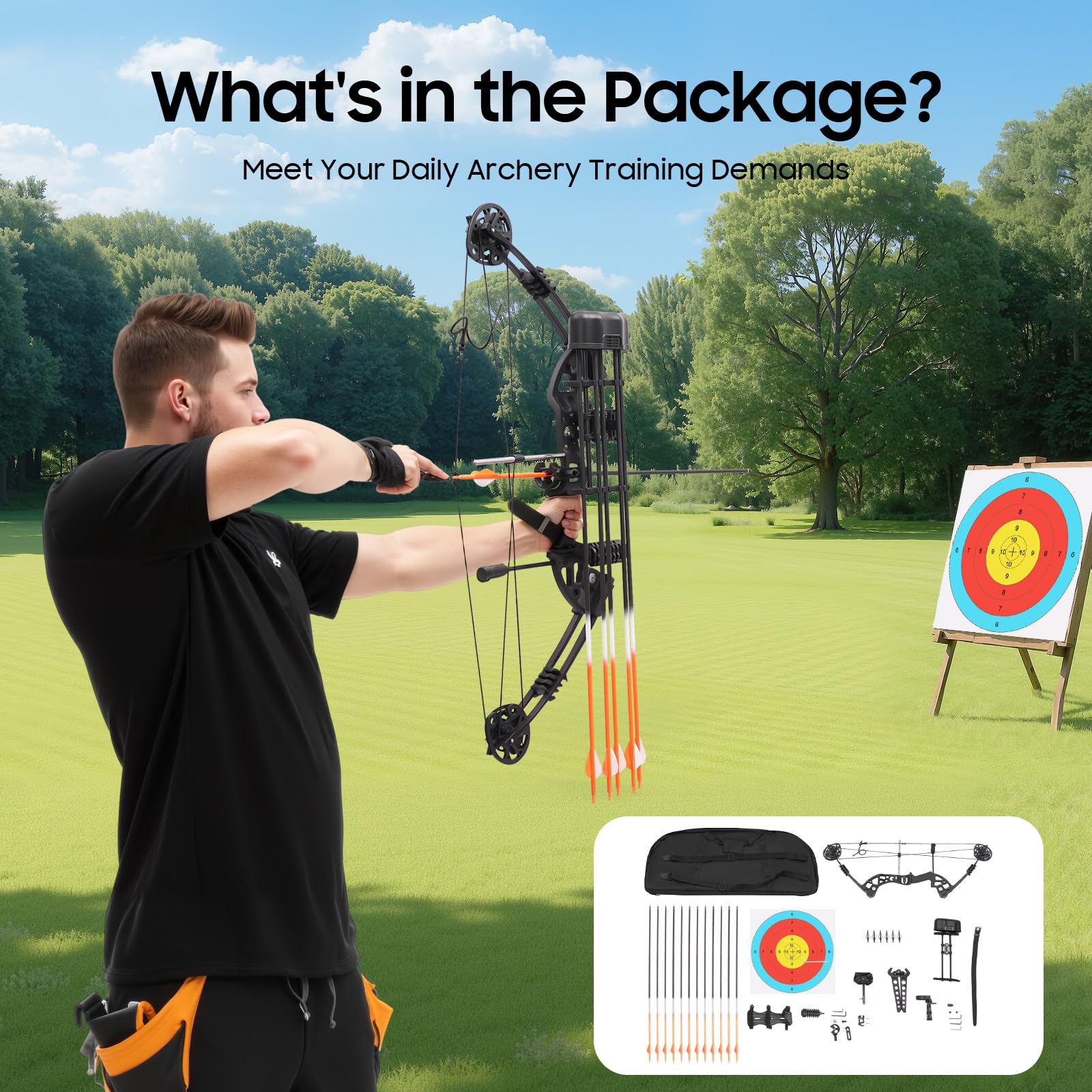 Compoundbogen Set 30-60lbs einstellbar Jagd Zielübung | 280-320 FPS Schussgeschwindigkeit 12 Pfeile im Lieferumfang Rechtshänder-Modell für Jagd Wettkampf & Freizeit.