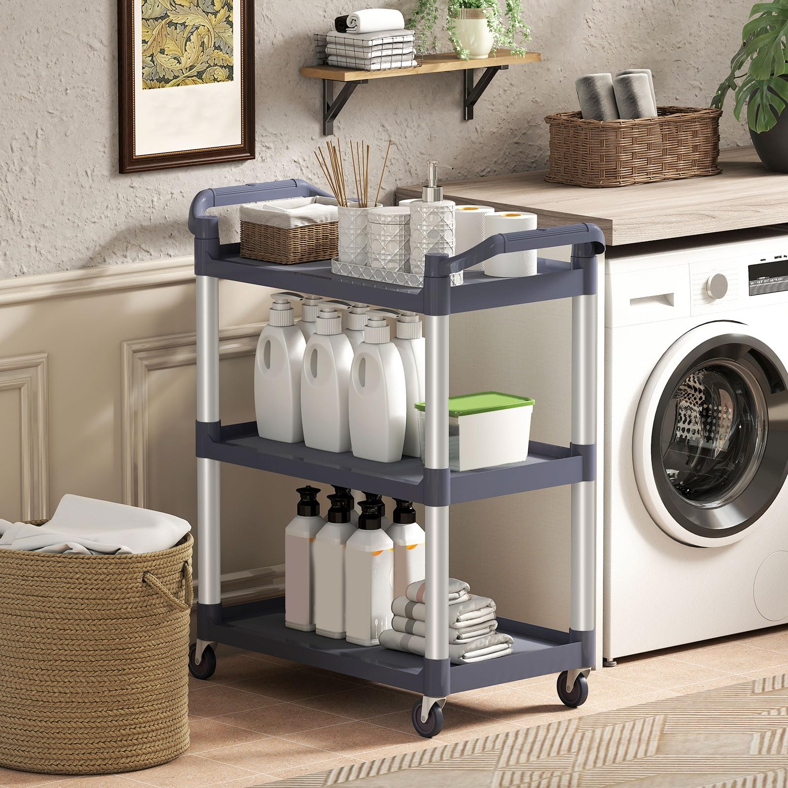 HOMCOM Carrello da cucina in lega di alluminio con ruote Carrello da cucina a 3 livelli Carrello portaoggetti carico 105 kg per Sala da pranzo Bagno 88x44x93 cm Grigio