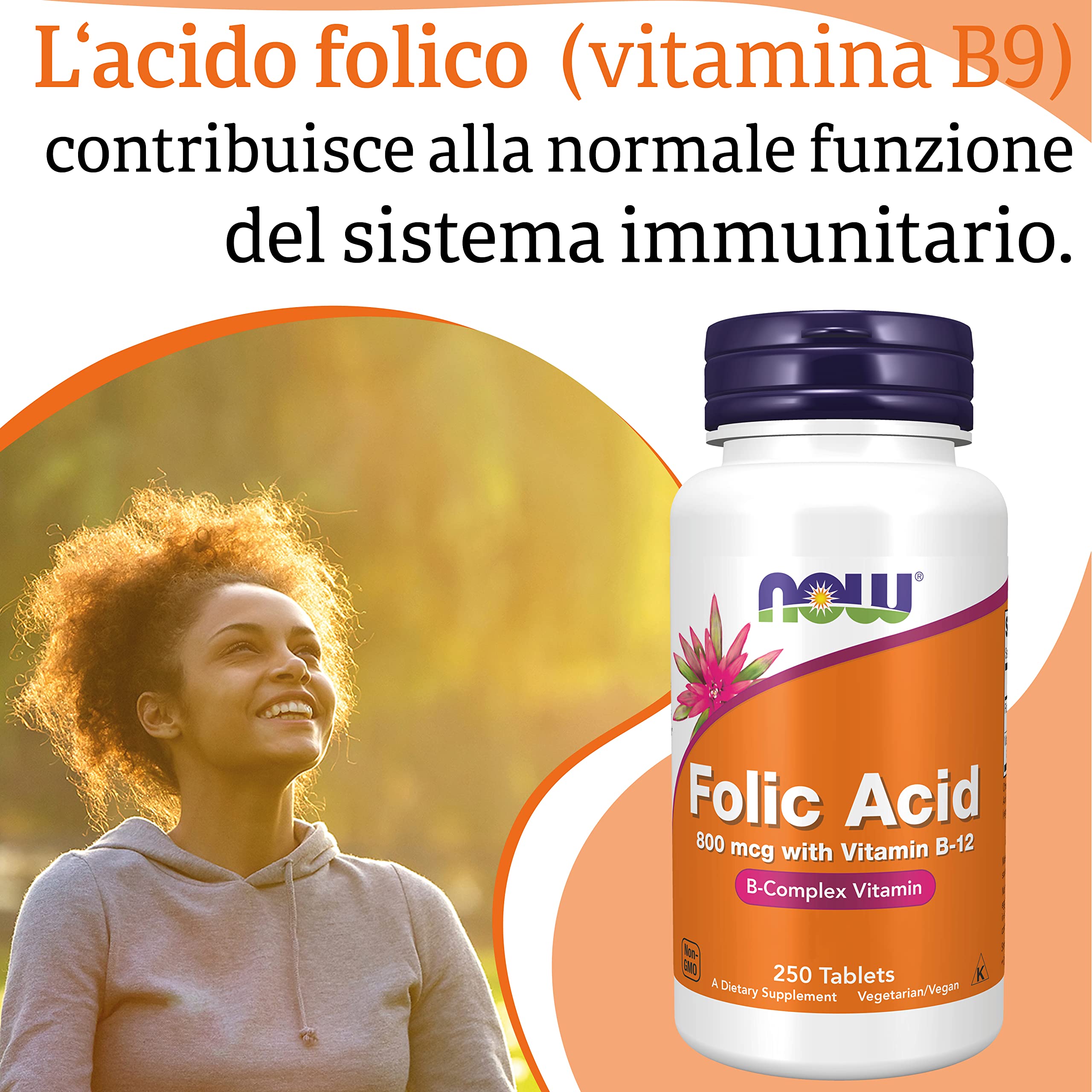 Now Foods, Folic Acid (Acido folico), 800 mcg, 250 Compresse vegane, Testato in Laboratorio, Dose elevata, Vitamina B12, Senza Glutine, Senza Soia, Vegetariano
