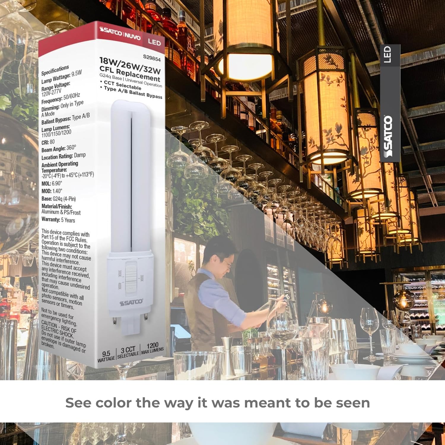 Satco LED PL Lamp 9.5W 18W/26W/32W Equivalent 3000K/3500K/4000K CCT Selectable G24q 4-Pin Base Type A/B Dual Mode 120-277V – Part S29854 (2 Pack)