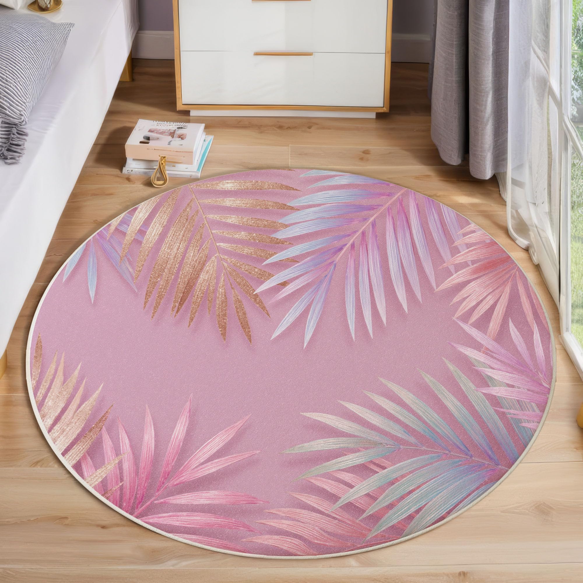 Tapis rond 60 cm lavable motif feuilles de palmier pastel pour chambre