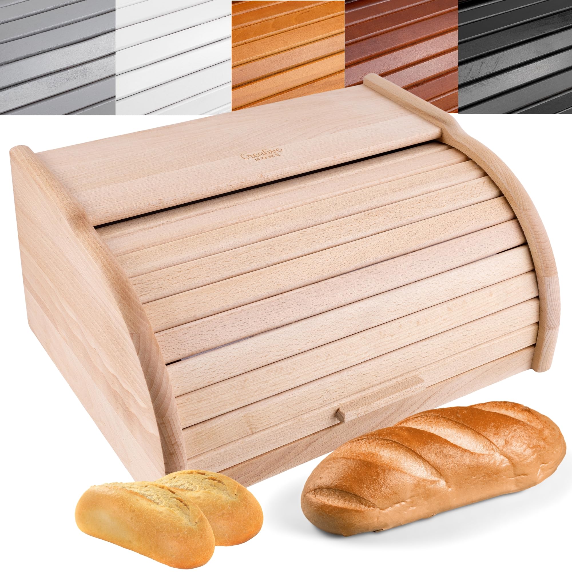 Wooden Bread Bin Unpainted | 38 x 28.5 x 17.5 cm (+/- 1 cm) | Natural Beech Wood | Bread Box Container with Roll-Top Lid | Wooden Kitchen Storage box