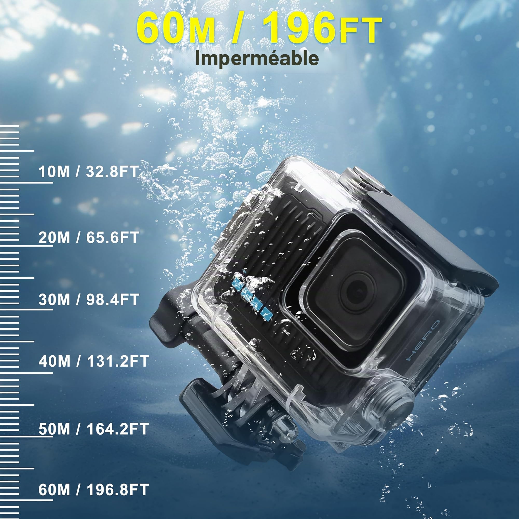 OKFUN Étui de protection étanche pour Go Pro Hero 4K, 60 m, boîtier durable pour plongée avec tuba, surf et sports extrêmes Hero4K 2024 Accessoires de caméra d'action