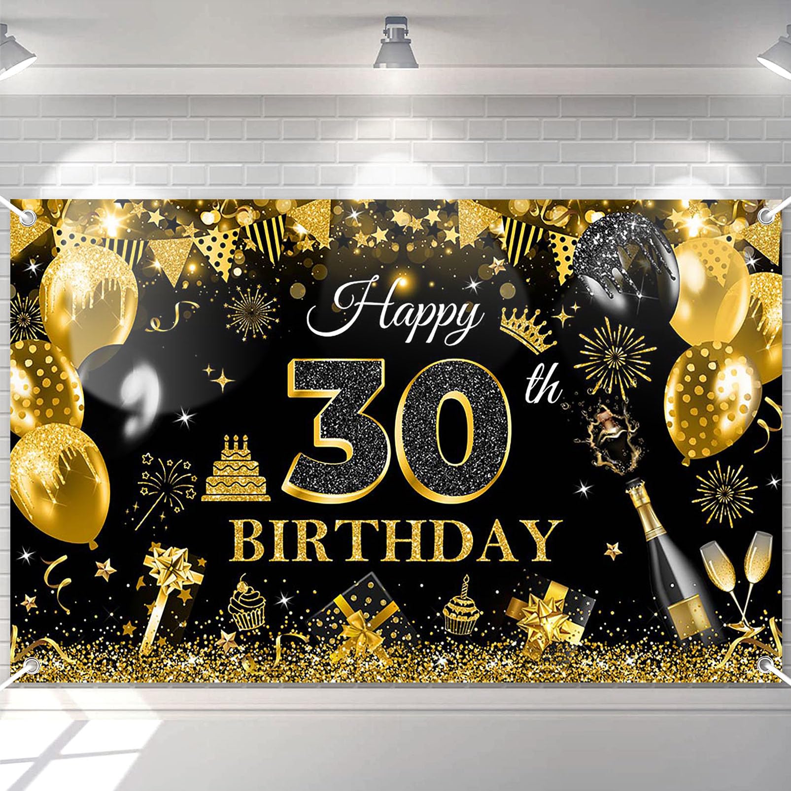 Avezano Happy 30th Birthday Banner for Men Black and Gold Glitter Balloon 30 Birthday Party Backdrop 30 Year Old Bday Photo Backdrop Party Supplies