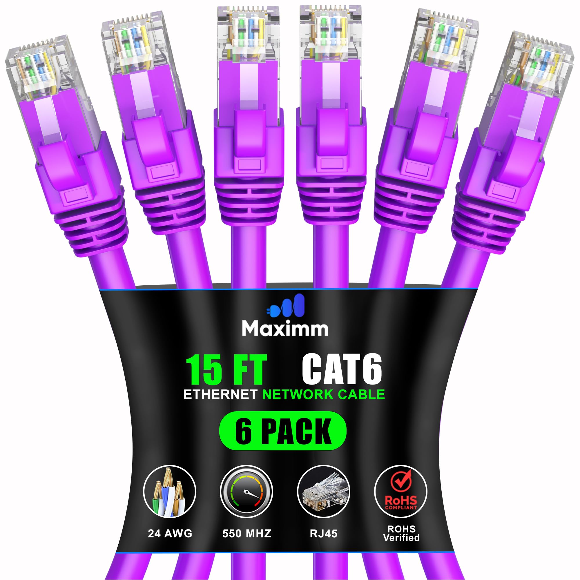 Maximm Cat 6 Ethernet Cable 15 ft (6-Pack) - High-Speed LAN Cable, Internet Cable, Patch Cable, and Network Cable - UTP, 10Gbps, 550MHz Ethernet Cord