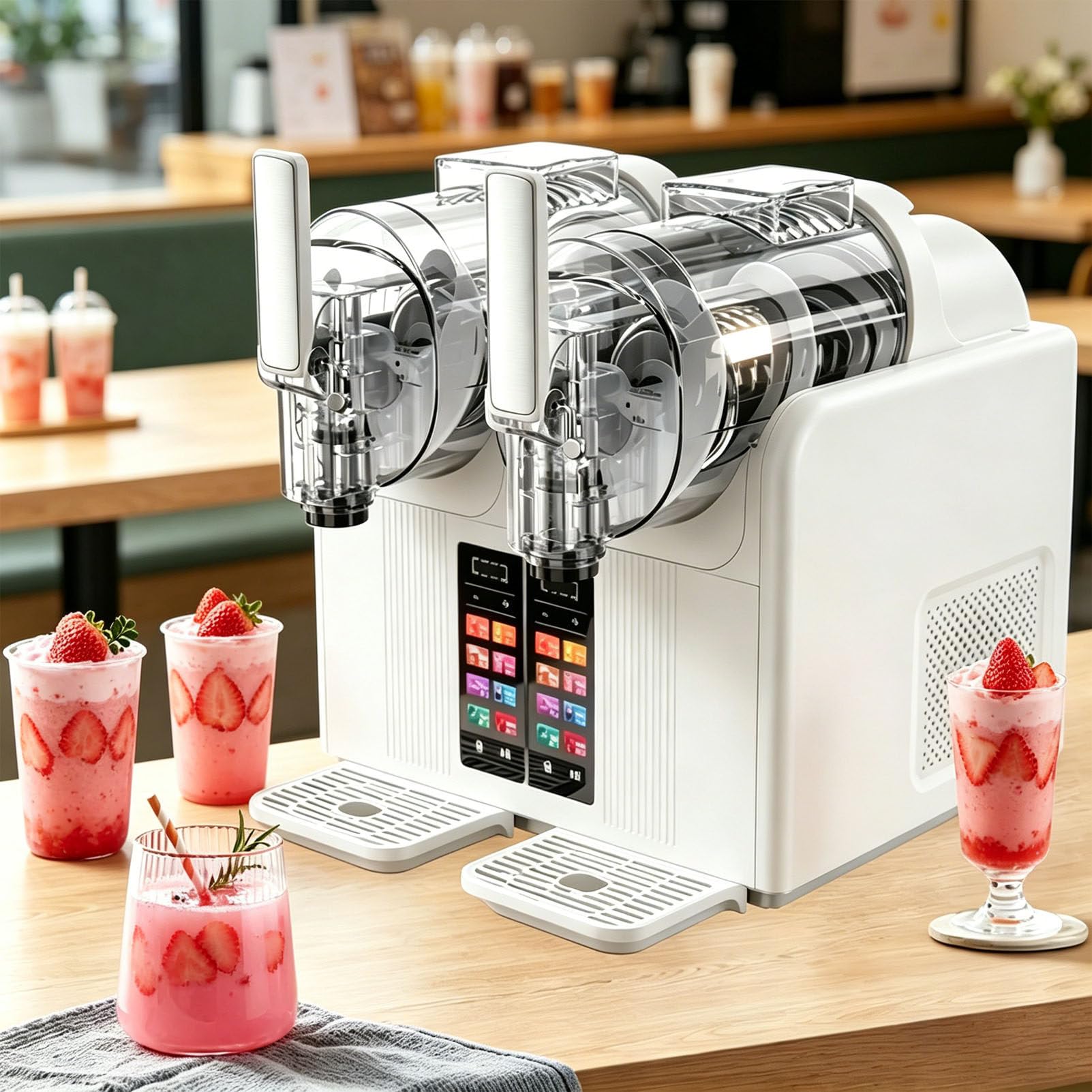 Pfps Commercial Slushy Machine, Double Bowl 2L Per Tank Slushy Maker, 7 Presets, No Ice Needed Chilled Drink Maker for Smoothies Desserts White