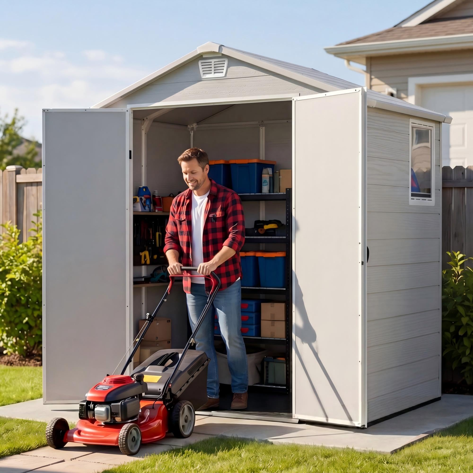 Devoko 6x4 FT Plastic Storage Shed, Outdoor Resin Garden Shed with Floor, Durable Tool Storage Shed with Lockable Door and Window for Patio, Garden, Backyard, Light Gray