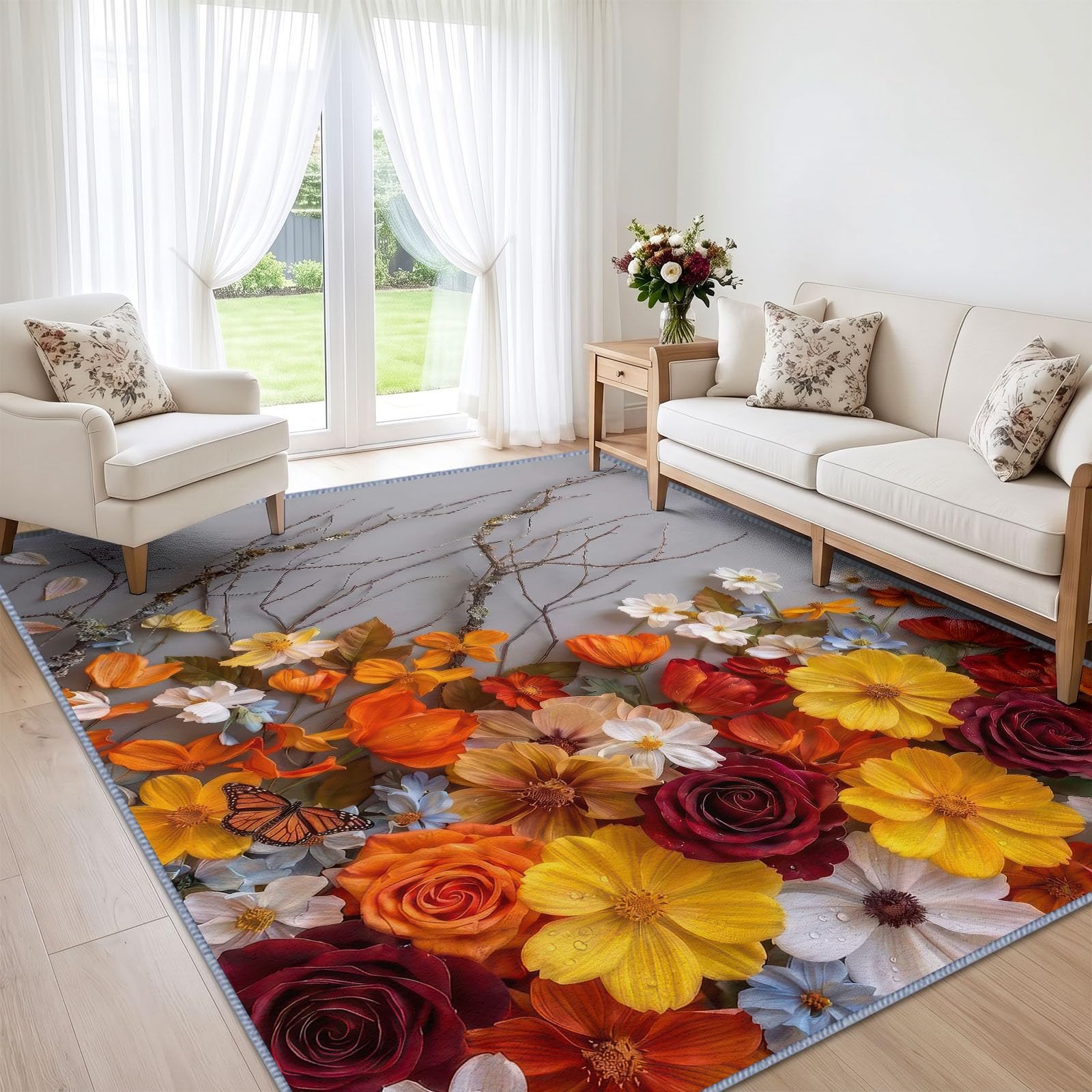 Generisch Alfombra con diseño de margaritas y tulipanes, lavable a máquina, para salón, 80 x 150 cm, diseño floral, suave pelo corto, parte trasera antideslizante, fácil de limpiar, para dormitorio y