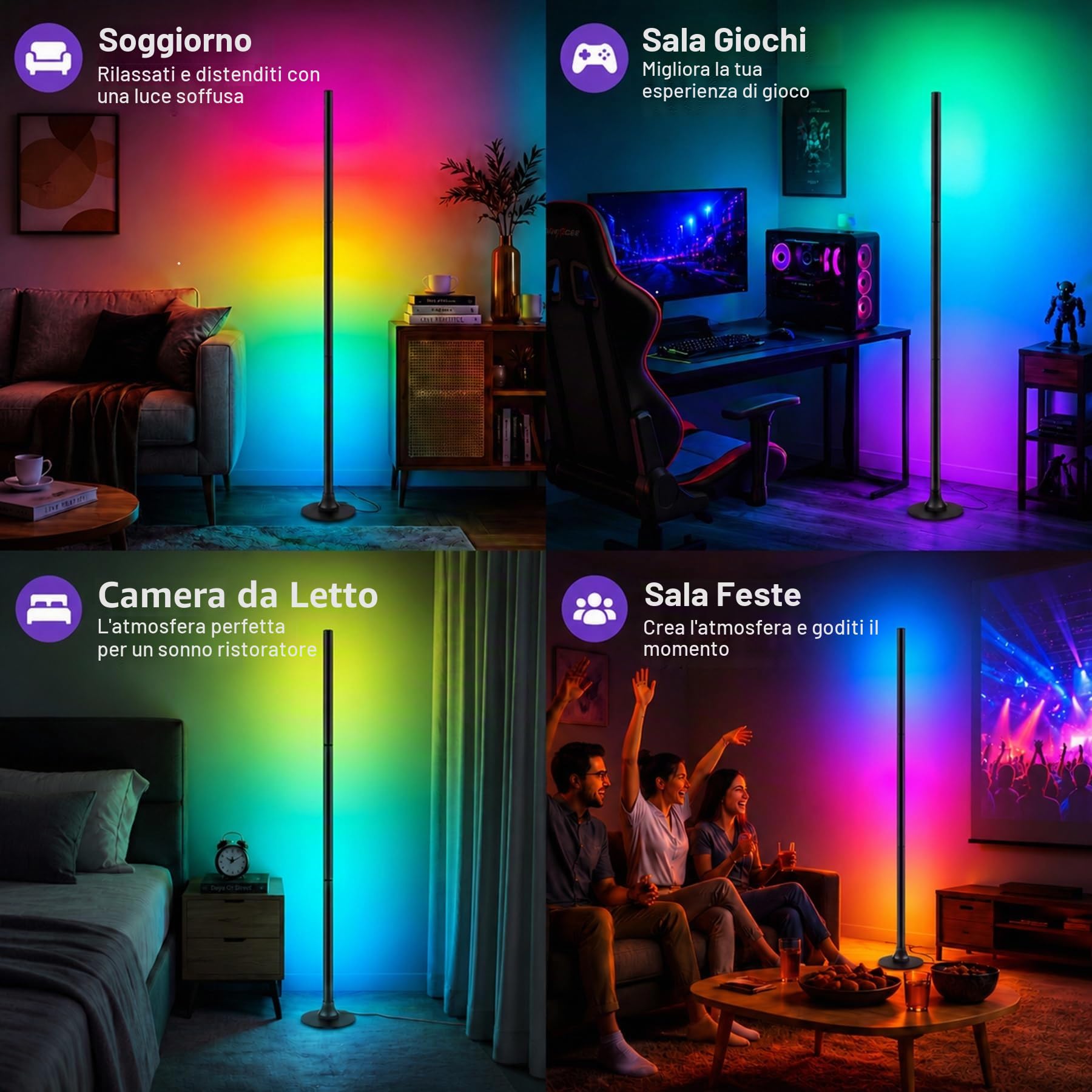 Lampada da terra a LED, lampada angolare a LED RGB con app e telecomando, sincronizzazione musicale, 16 milioni di colori, lampada intelligente per soggiorno, camera da letto e gaming–Confezione da 2