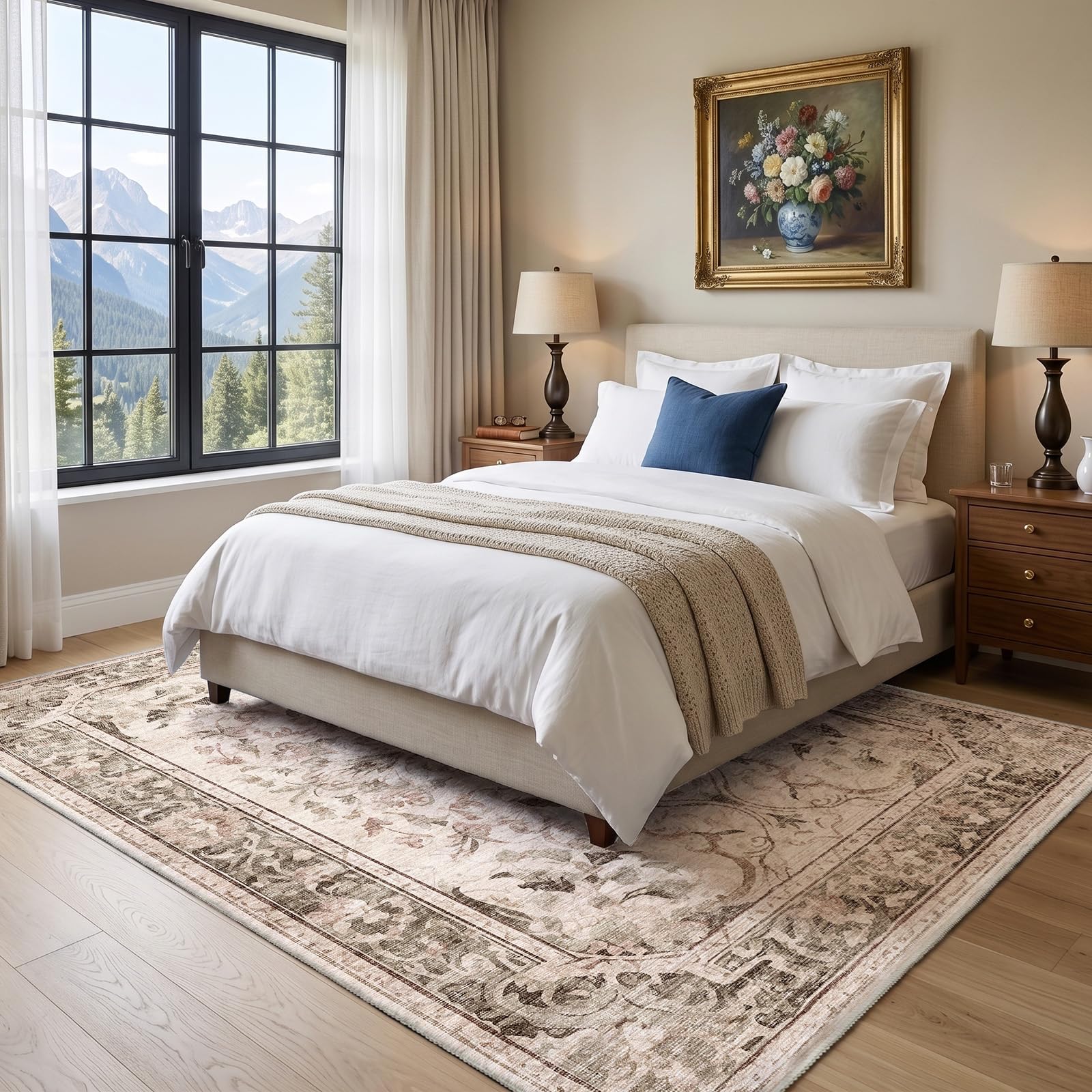 IKALIFE Teppich Wohnzimmer Vintage 160x230cm Waschbar Beige | Großer Waschbarer Kurzflor Teppich mit Blumenmuster, Rutschfest, Weich und ideal für Wohnzimmer, Schlafzimmer und Esszimmer