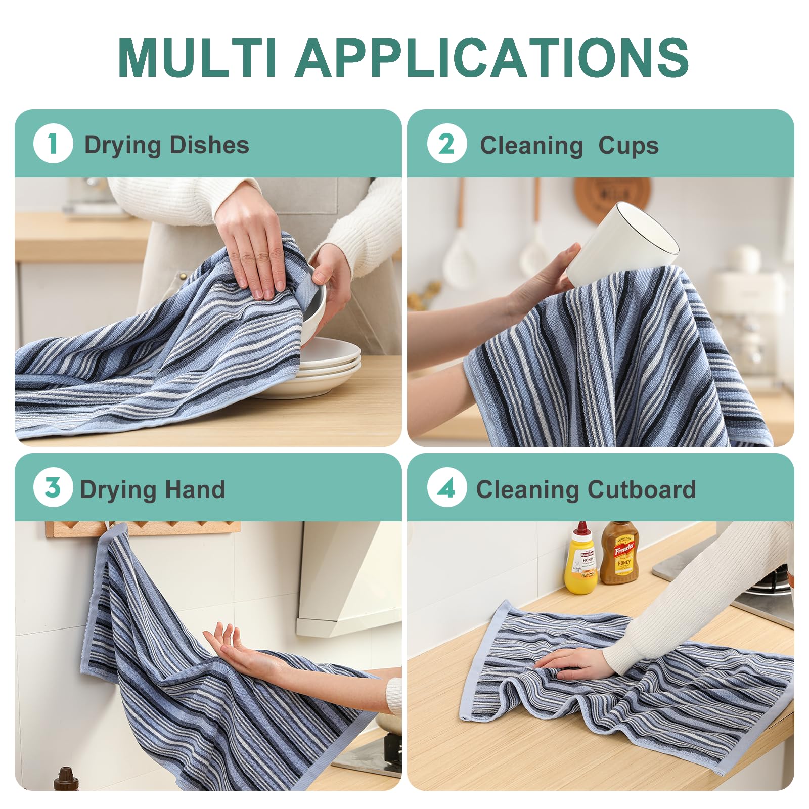 SALAS Paños de cocina de alta calidad para secar platos, paños de cocina grandes de algodón, toallas de mano, paños de rizo a rayas, juegos de toallas gruesas altamente absorbentes con lazo para