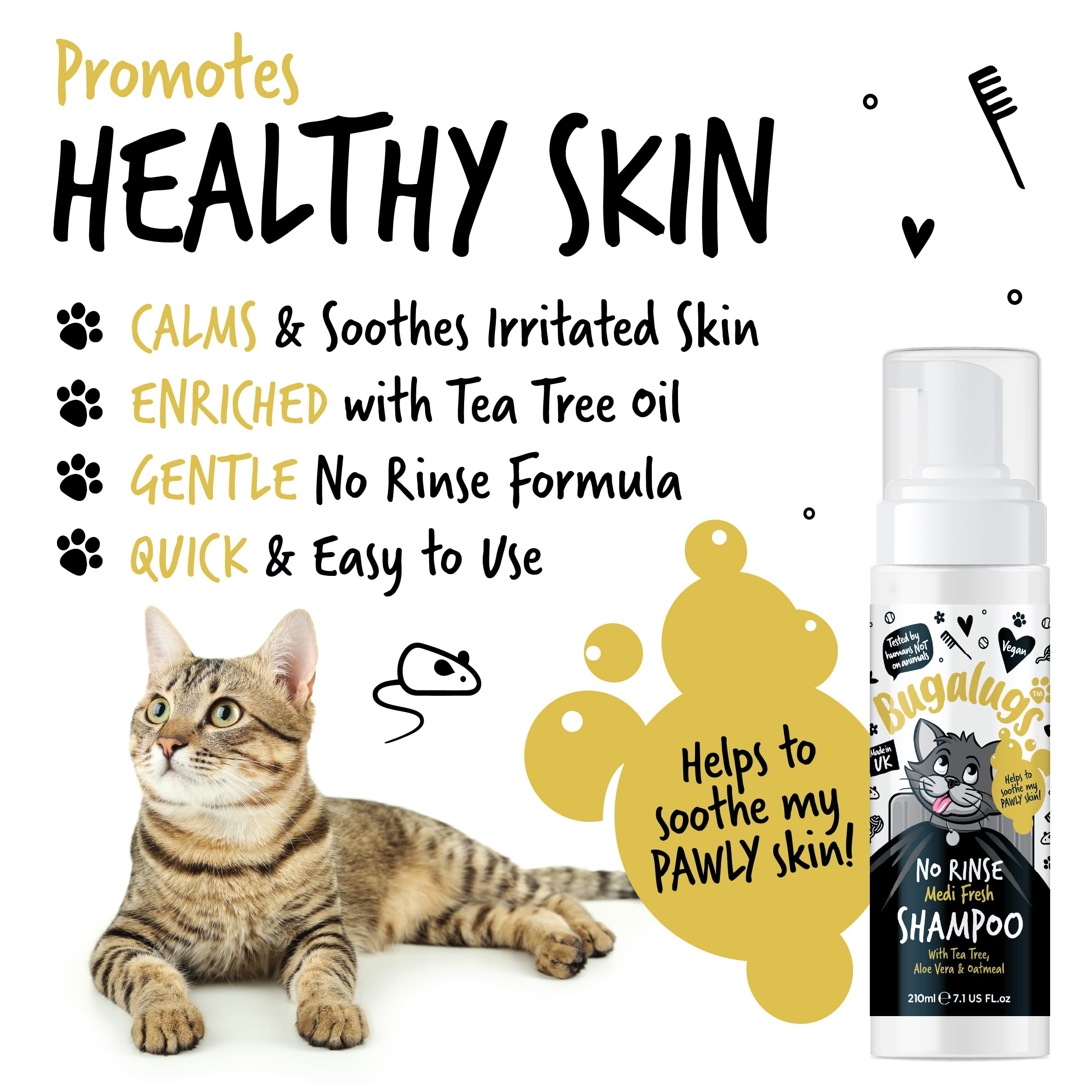 Bugalugs No Rinse Cat Shampoo for itchy skin with Tea Tree & Aloe Vera. Brush through - Image 2