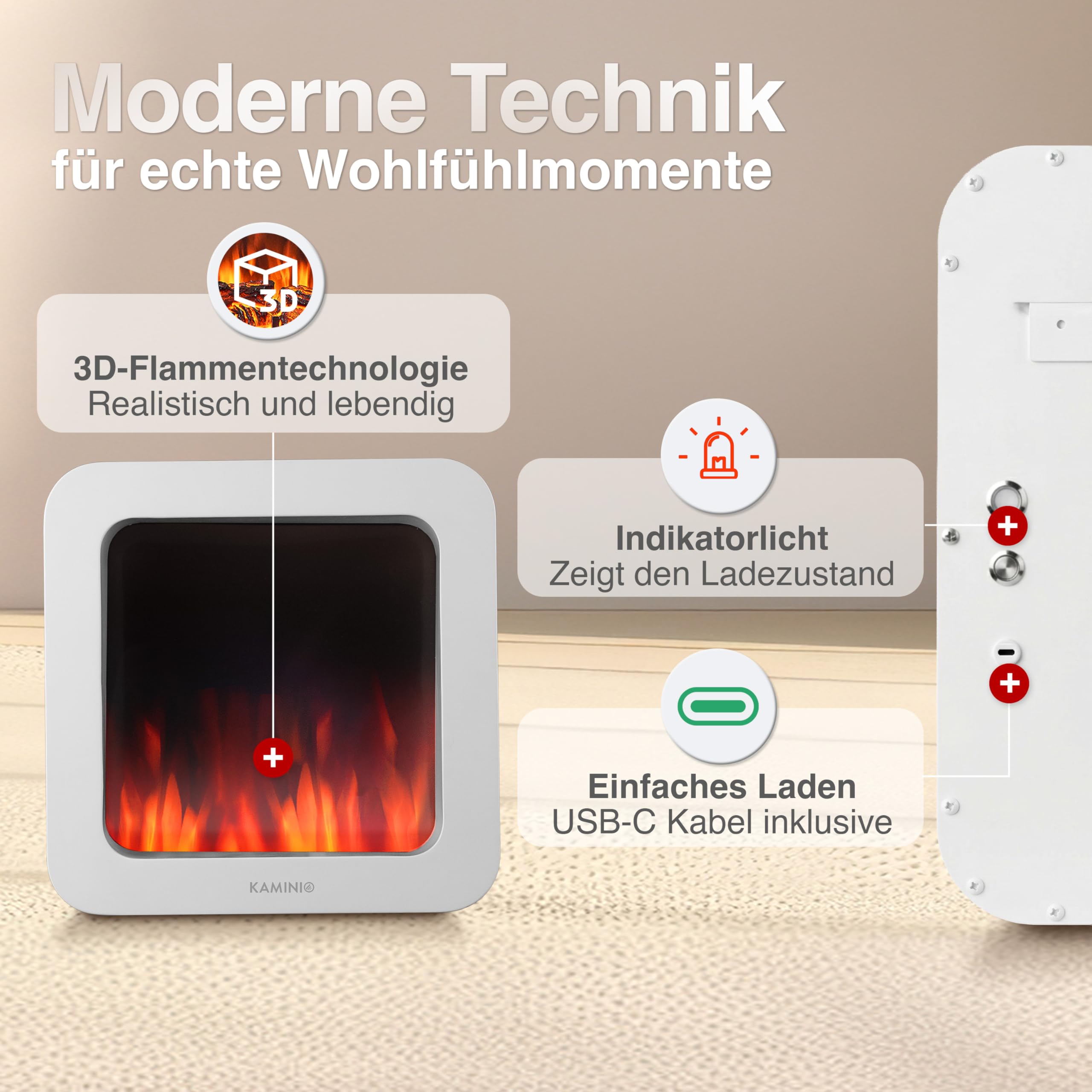 KAMINIO Kominek elektryczny MIA – elektryczny kominek stołowy, efekt płomienia 3D, bezprzewodowy, przenośny (biały, 40 cm)