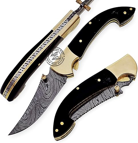 Hermoso cuerno de búfalo 7.25" cuchillo de bolsillo plegable de acero de Damasco con refuerzo de latón, 100% de primera calidad