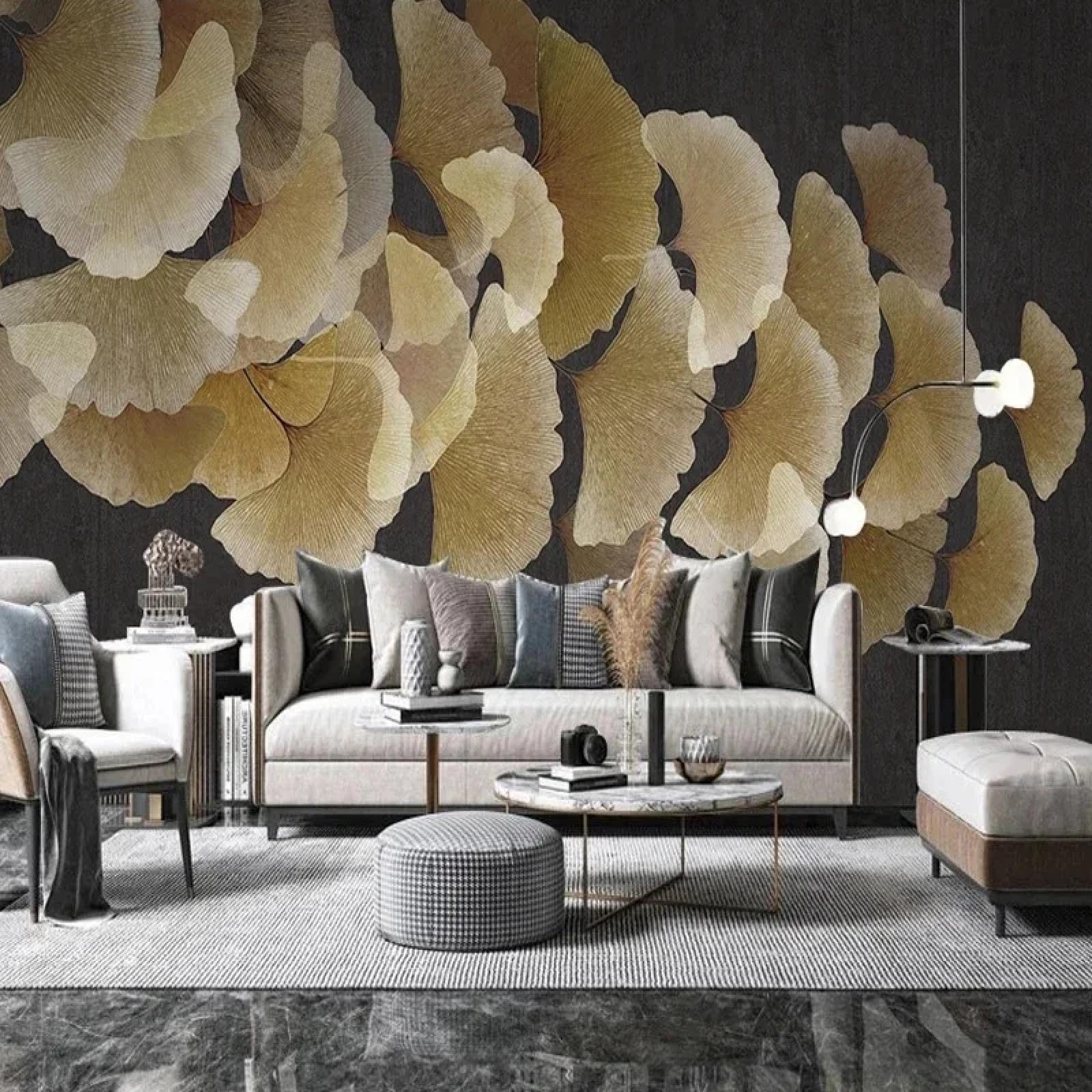 Papier peint 3D ginkgo biloba pour habiller un mur vide de salon ou chambre