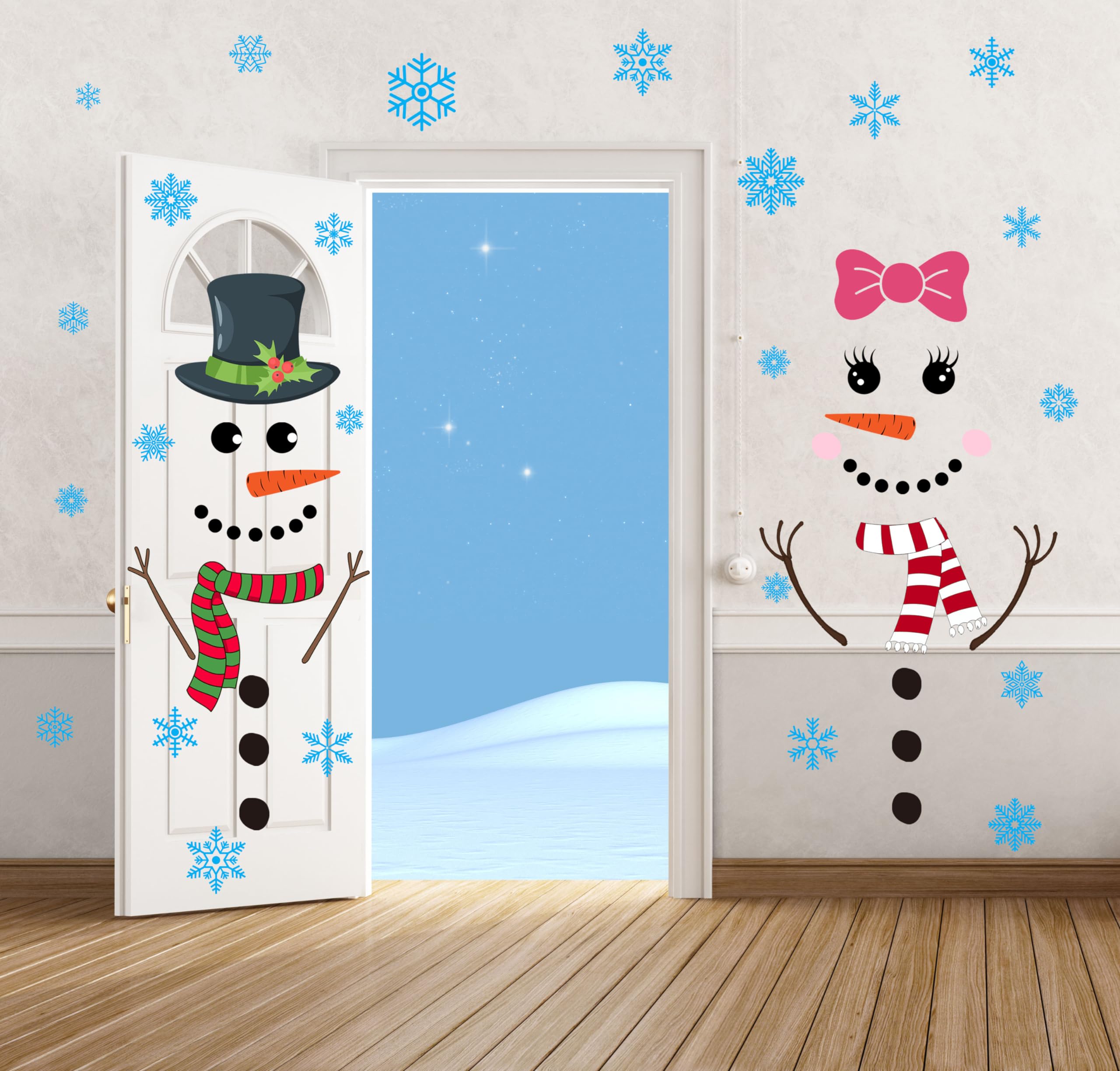4 Sheets Christmas Snowman Door Stickers Christmas Door Stickers Decor Large Snowman Face Stickers with Snowflake Decals for Winter Door Window Refrigerator Decorations