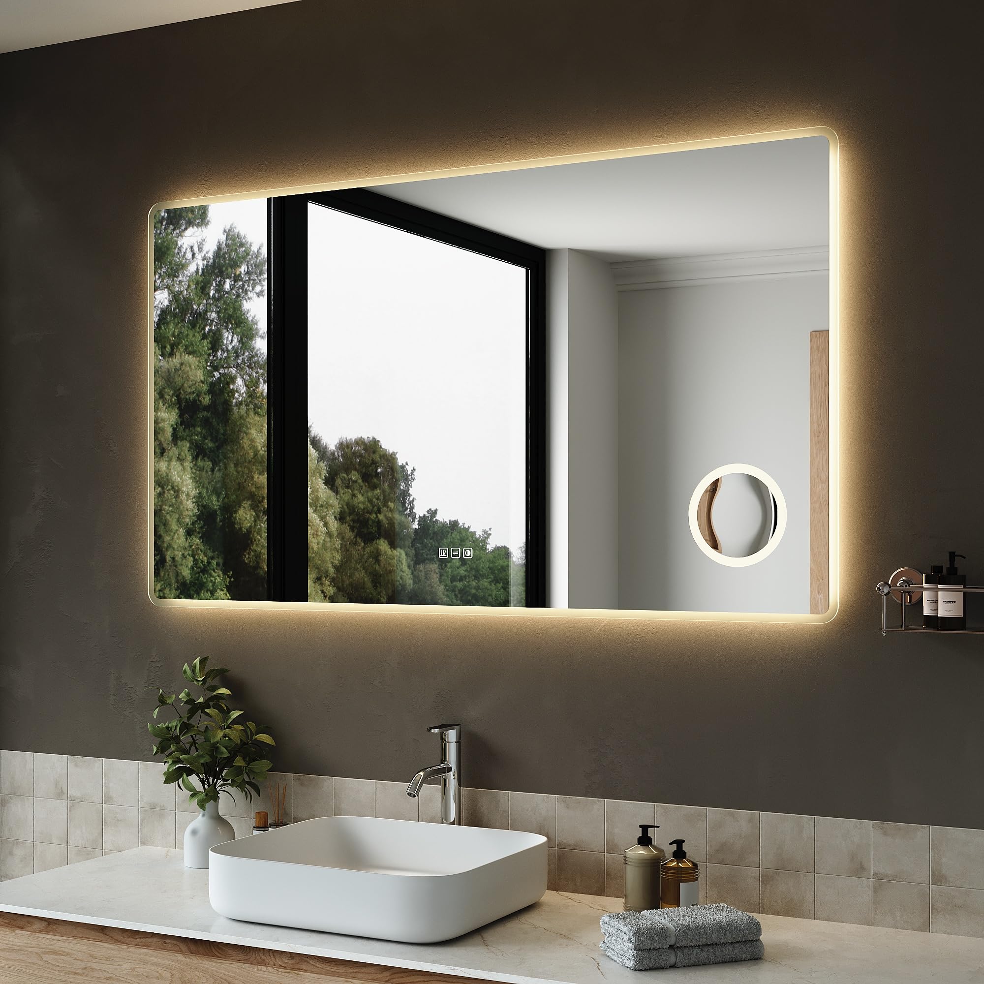 Sirhona - Specchio da bagno con illuminazione di 140 x 80 cm, luminosità regolabile e 3 colori regolabili, antiappannamento, memoria, IP44, supporto, ingrandimento 3X, specchio connesso per bagno