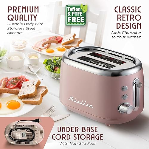 Miniatura 5 de MUELLER HOME Tostadora retro de 2 rebanadas, 7 niveles de bronceado, 3 funciones (recalentar, descongelar, cancelar), características de acero