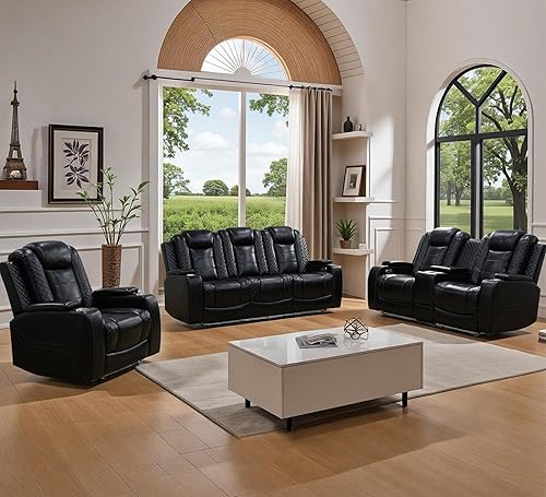 Juego de 3 piezas para sala de estar, sofá reclinable eléctrico de cuero con puertos USB, iluminación LED y portavasos, asientos de cine en casa