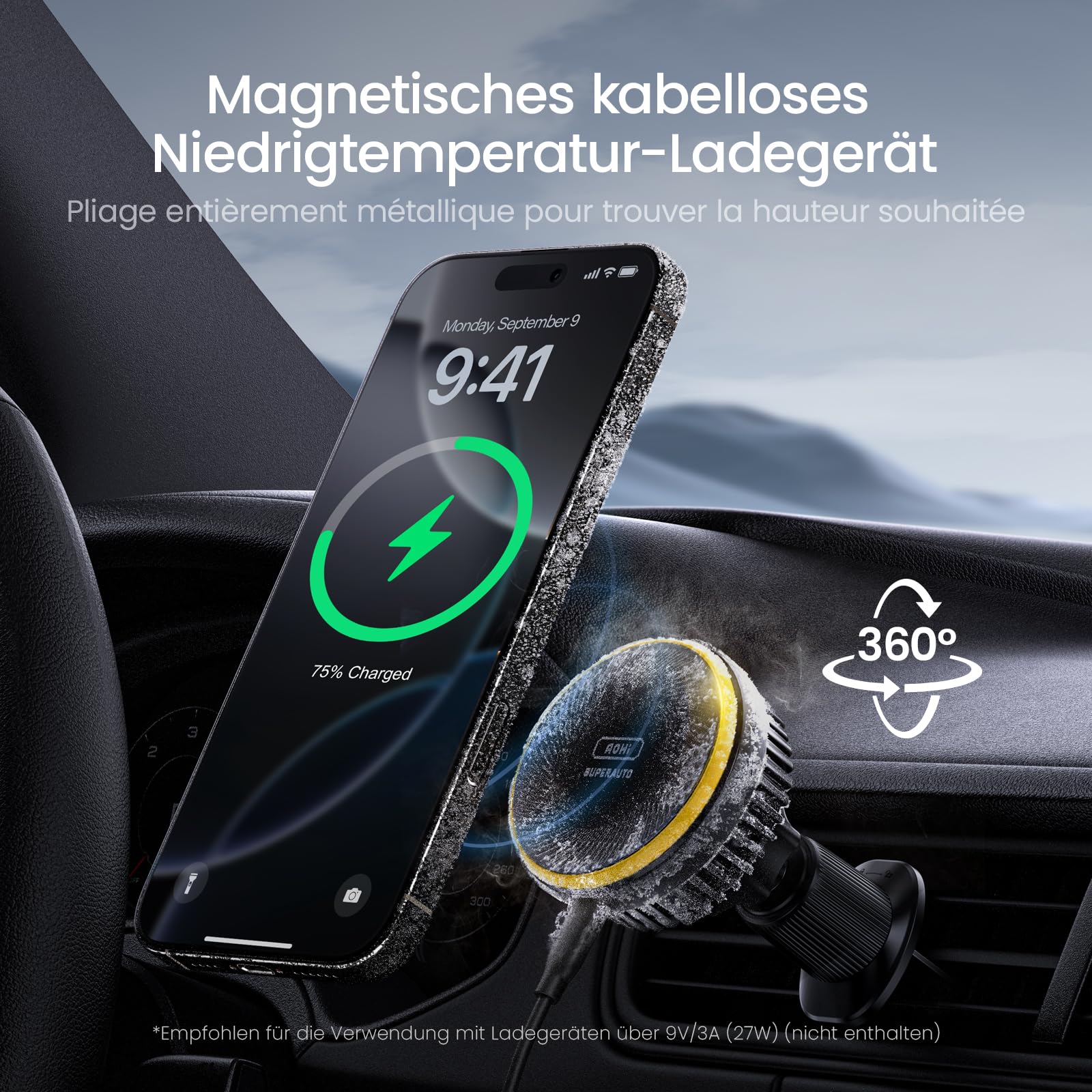 AOHI 15W Soporte para teléfono coche inducción,Cargador Magsafe de coche,Enfriamiento del teléfono,Soporte magnético inalámbrico del coche rejilla de aireación/salpicadero para iPhone 16/15/14/13/12