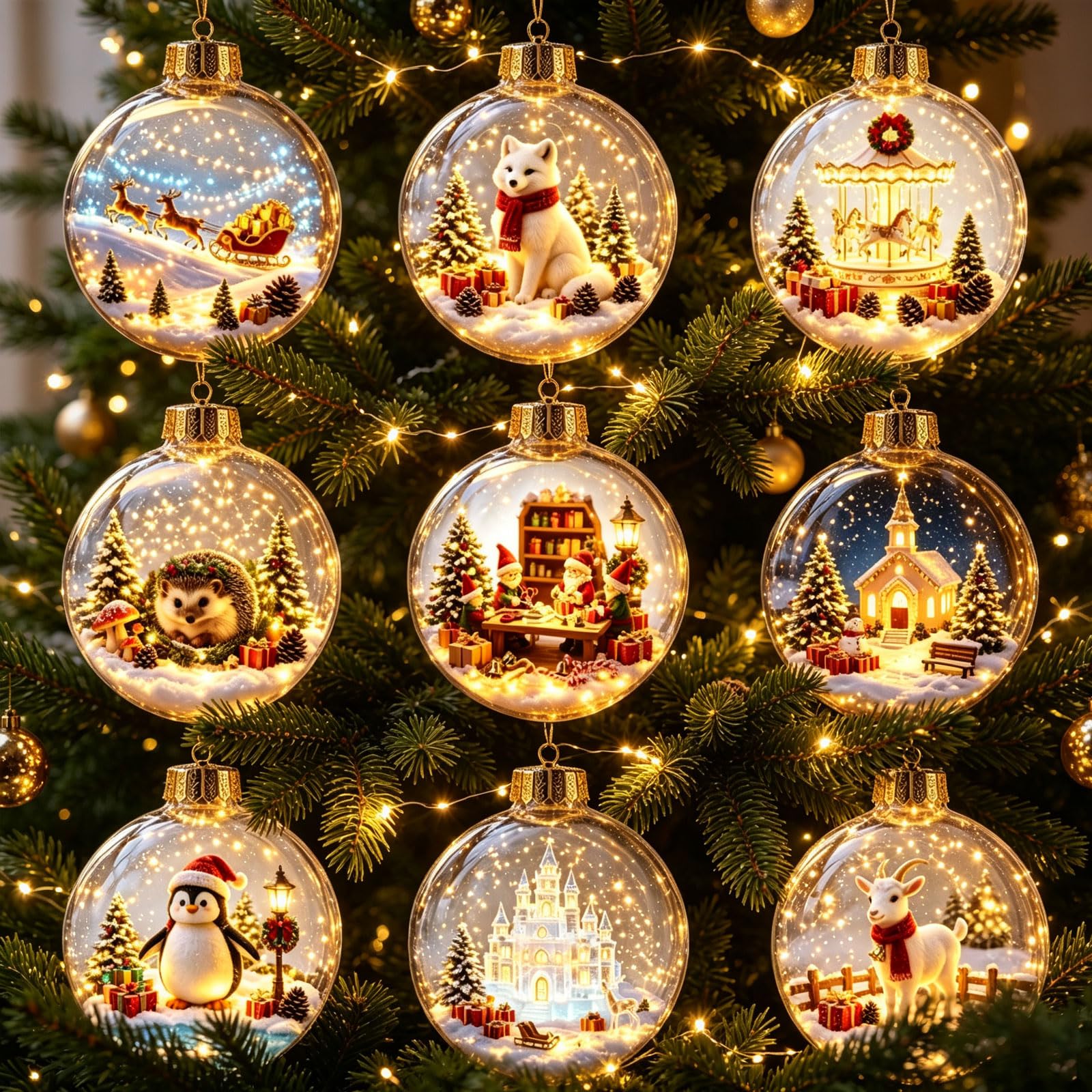 9pcs Glowing Christmas Story Ornament, Light-up Mini Holiday Scene