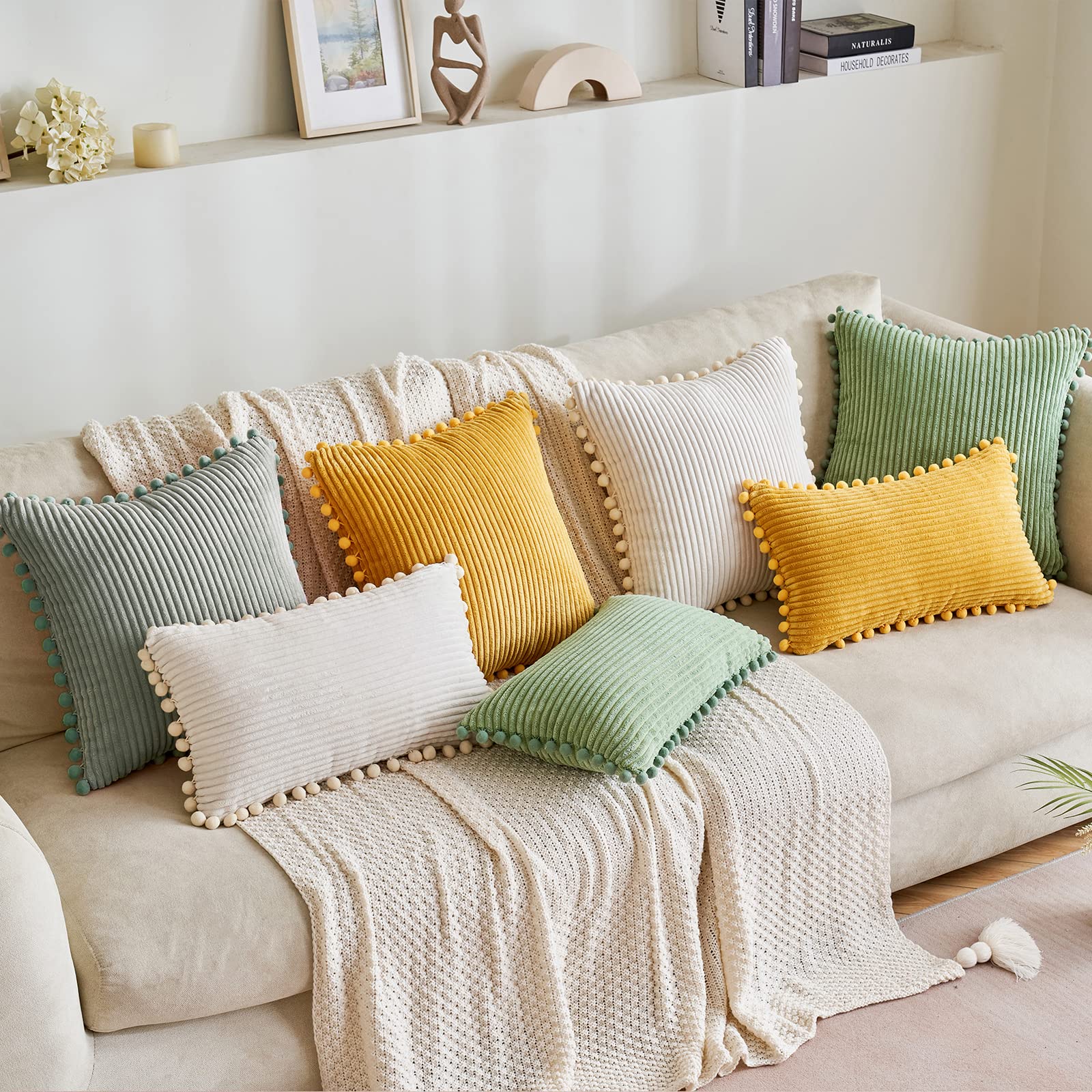 MIULEE Boho Decorative Throw Pillow Covers with Pom-poms, Soft Corduroy Square Solid Cushion Cases for Couch Sofa Bedroom, 16x16 inch Greyish Green