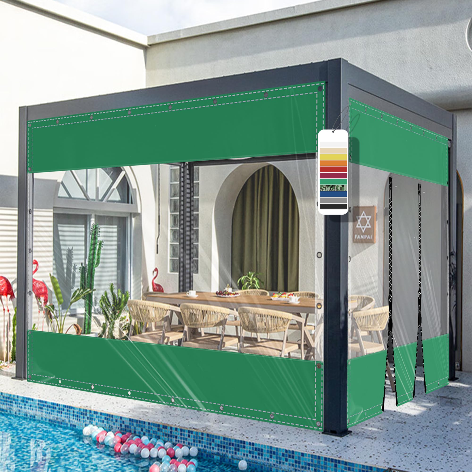 AMXFS Transparent tarpaulin with eyelets, crystal clear patio tarpaulin made of 580g/㎡ PVC Green H2.4mxL4.4m Outdoor Curtain Weatherproof Waterproof Rain Cover without Zipper