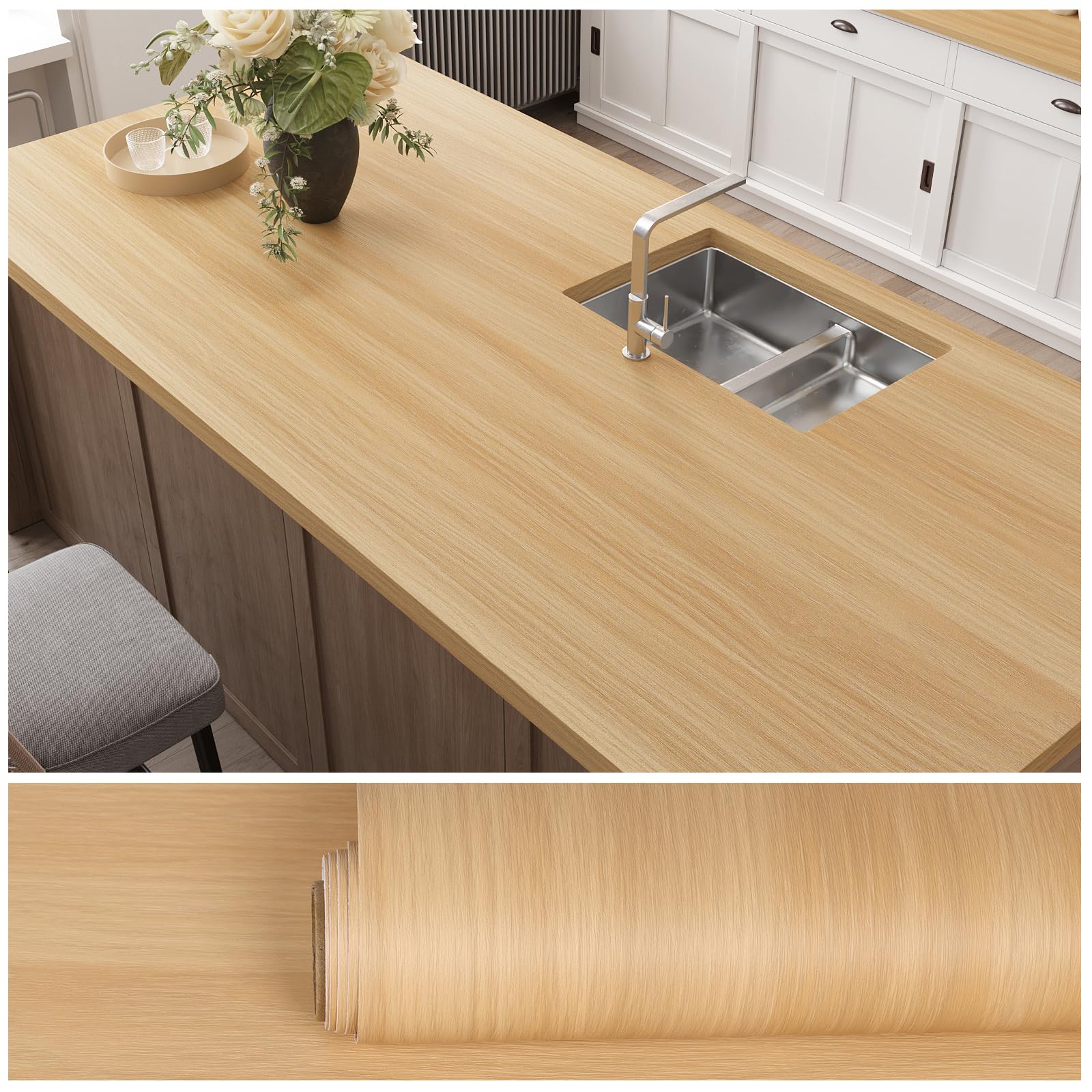 Photo 1 of VEELIKE Natural Beech Wood Contact Paper Wood Wallpaper Peel and Stick Countertops 24''x354'' Waterproof Self Adhesive Wooden Countertop Contact Paper for Kitchen Bathroom Desk Cabinets Vinyl Wrap
