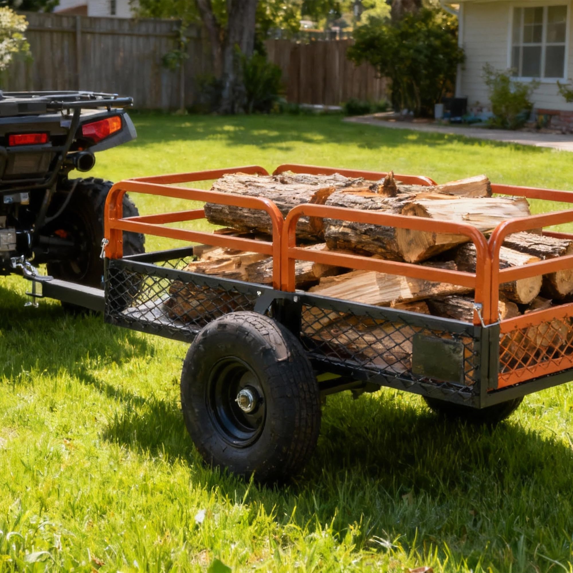 Remolque de carro de descarga resistente de 1500 libras de capacidad de 15 pies cúbicos con descarga de doble control para ATV UTV tractor cortacésped de giro cero, neumáticos todo terreno y