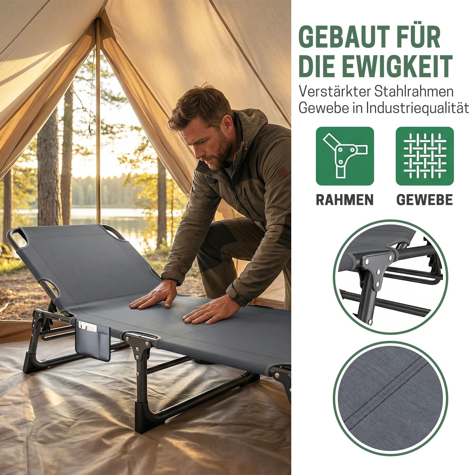 Klappbare Sonnenliege mit Verstellbarer Rückenlehne, Matratze & Kopfkissen - Tragbare Gartenliege für Pool, Terrasse, Camping, Grau