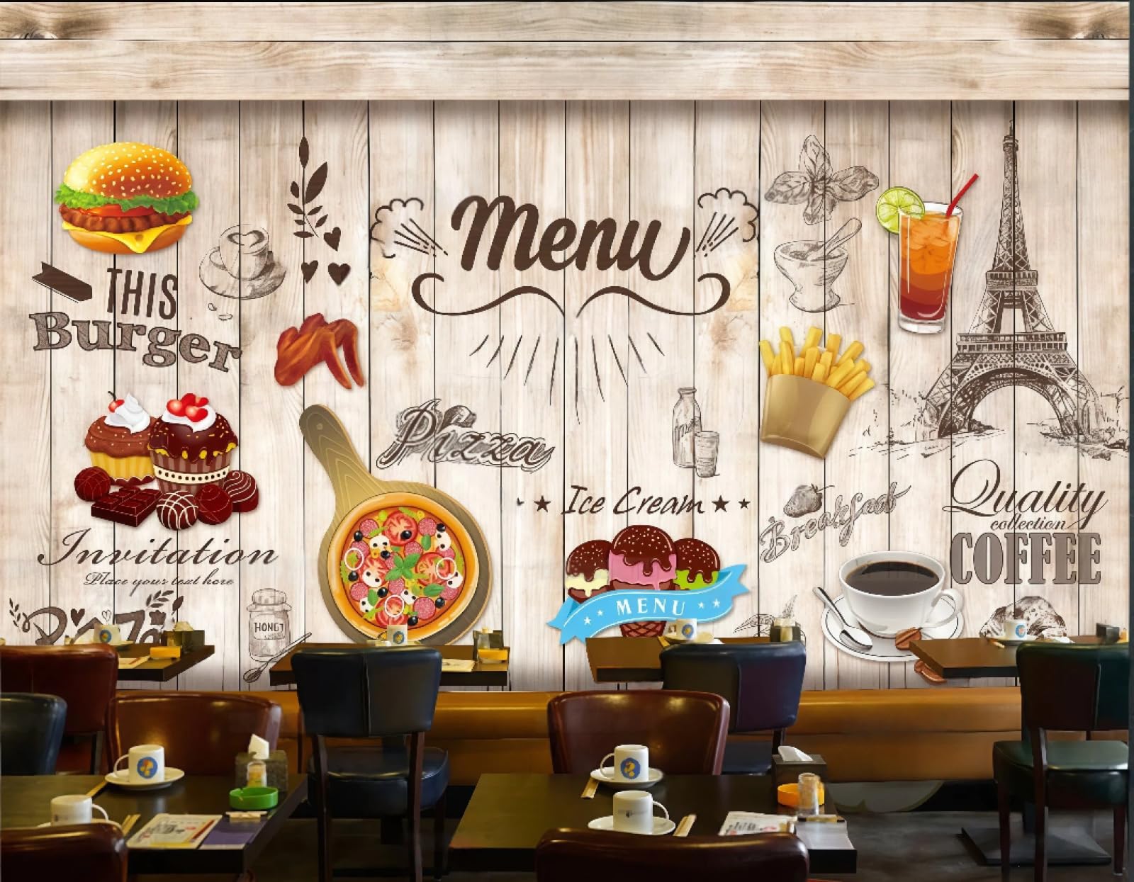 rskjdghshd Wallpaper Retro Wood Grain Hand-Painted Burger Pizza Afternoon Tea Dessert Cake Shop Background Wall Western Restaurant Wallpaper Cafe Mural,3D,350x245cm