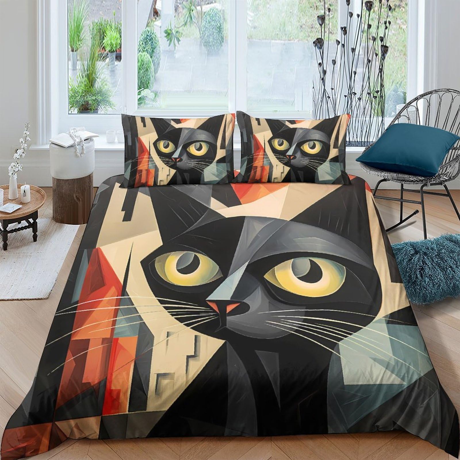 Ctjqhvkz Style-2 3D Printed Geometric Black Cat Fitted Sheet Microfiber Artistic Abstract Bed Cover For Bedroom Dorm Mattress Decor Single（135X200cm）
