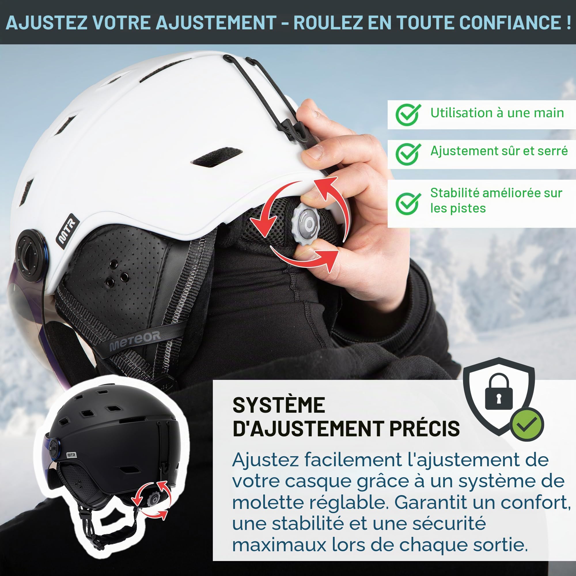 meteor Casque de ski avec visière renforcée de contraste et miroir de haute qualité - Casque de ski et snowboard pour une vision claire - Avec système de ventilation - Pour adultes et enfants