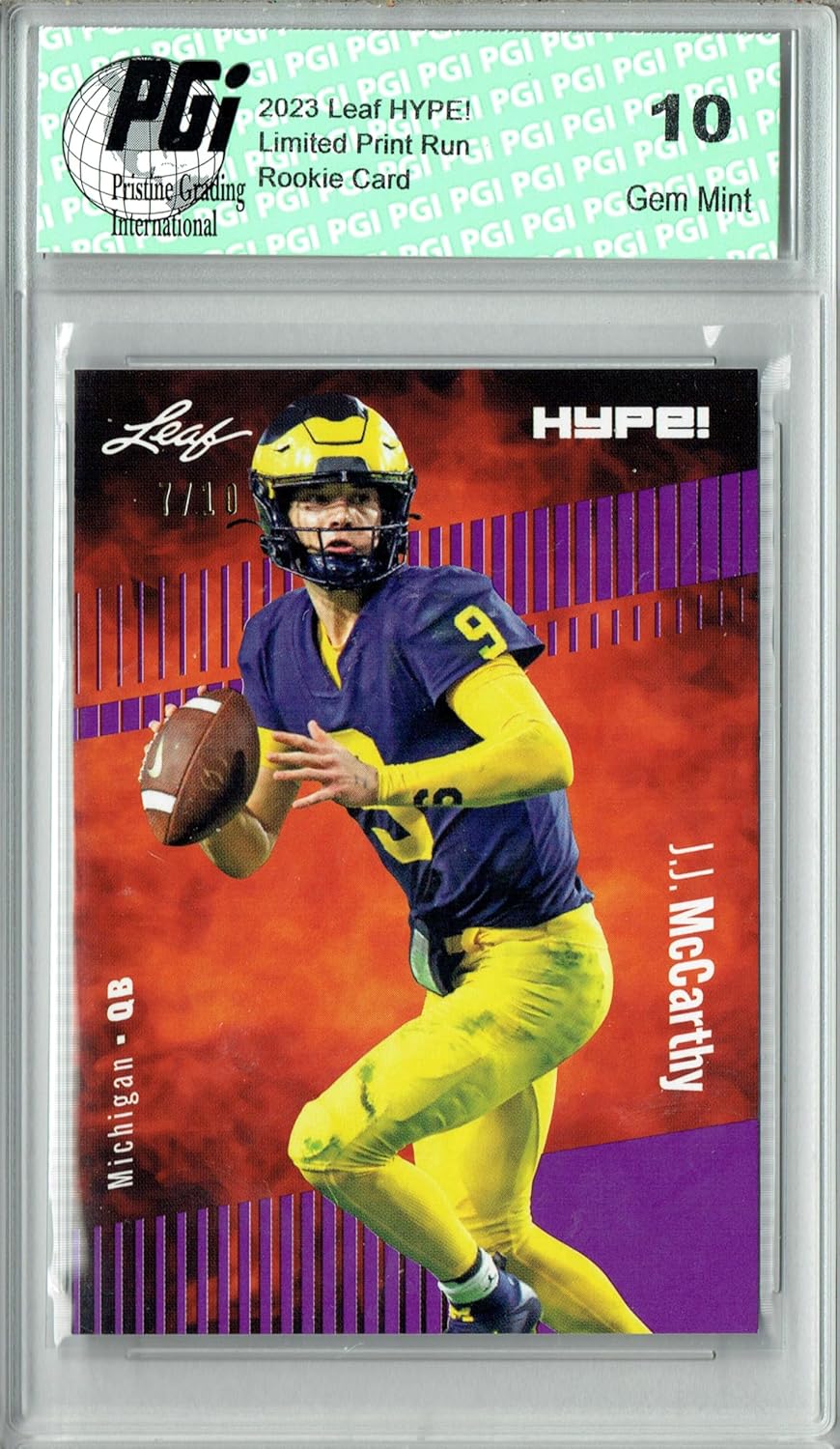 J.J. McCarthy 2023 Leaf HYPE! #122A Purple SP, Just 10 Made Rookie Card PGI 10